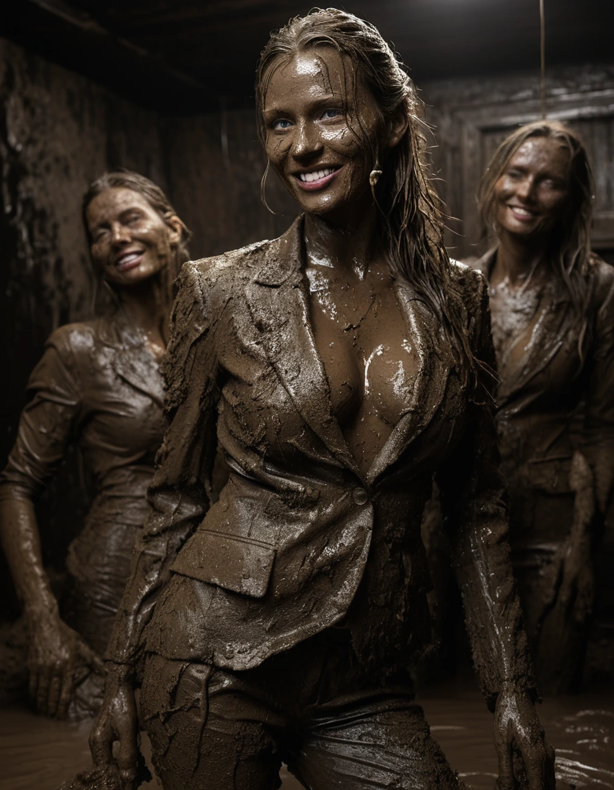 photo of young woman, in soaking wet, drenched clothes,
Muddy high heels, Long very muddy suit pants, Full muddy ruined fully-opened unbuttoned sexy blazer like a fancy uniform over topless with super sexy cleavage and exposed extreme huge saggy hanging boobs., Dark muddy indoor disco club at night. Deep mud on the floor, mud splashed walls, dripping mud from above, very dark mood lighting with pink and blue neon lights from above. Muddy chairs and sofas in the background. , 
enjoying, wet clothes stuck to body,
detailed textures of the wet clothes, wet face, wet plastered hair,
wet, drenched, professional, high-quality details, full body view.
sharp focus, ultra-high pixel detail, realistic, high-quality, full colors, incredibly detailed, 4k, 8k, 16k, hyper-realistic, RAW photo, masterpiece, ultra-detailed, professionally color graded, professional photograph, Three stunning blonde 60 years old beautiful gleaming grannies are wallowing together in the deep muddy pool after a full dip in it and holding a glass of champagne in their hands during the crazy muddy indoor disco party at night and posing for a professional photo. They are proudly wearing their fully and heavily mud-covered unbuttoned and opened sexy suits which fully exposing their large sexy and saggy muddy boobs. Focus on the large muddy cleavages of the blazers and on the bravely displayed large muddy heavy saggy boobs. Every small details of the clothes are muddy, muddy beautiful faces, muddy chests and boobs. Their blazer has the same colour as their muddy pants. The classy elegant disco club is totally destroyed by mud, mud spots everywhere, mud flows down on the walls, mud on the furnitures in the background. Straight muddy very long open wavy hairstyle, muddy hair, smiling and satisfied beautiful muddy faces, blue eyes, necklaces, earrings, lipstick. The women are enjoying to being total muddy in the muddy pool, being sexy, naughty while they are enjoying the muddy fetish party. Realistic muddy boobs and photorealistic detailed smiling facial expressions. Intimate close-up picture about the women. Close-up photo from front view, highly realistic representation, ultra sharp focus, highly photorealistic detailed textures, highly photorealistic detailed facial features and expressions, highly photorealistic hands, highly emotional reactions, highly best quality, highly sharp photorealistic image, highly photorealistic details, full UHD resolution, 32 K, very high level of detail and image sharpness, zoomed in, dry skin, dry clothes, dry fabric, dry skin, dry clothes, dry fabric, dry skin, dry clothes, dry fabric, dry skin, dry clothes, dry fabric, dry skin, dry clothes, dry fabric, dry skin, dry clothes, dry fabric