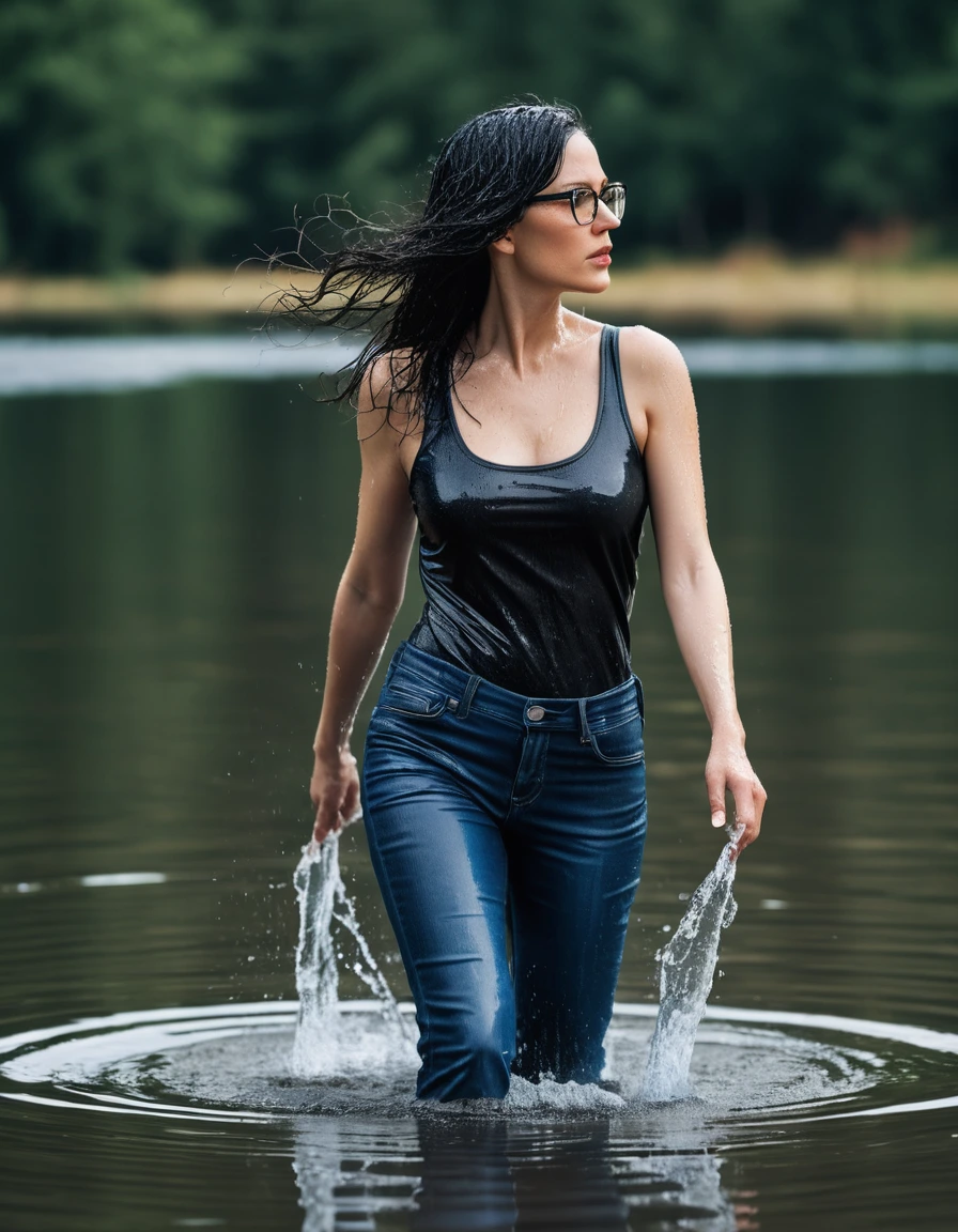 photo of young woman, in soaking wet, drenched clothes,
office shoes , long blue leather jeans, black tank top, walking submerged in sunny deep lake, 
enjoying, wet clothes stuck to body,
detailed textures of the wet clothes, wet face, wet plastered hair,
wet, drenched, professional, high-quality details, full body view.
sharp focus, ultra-high pixel detail, realistic, high-quality, full colors, incredibly detailed, 4k, 8k, 16k, hyper-realistic, RAW photo, masterpiece, ultra-detailed, professionally color graded, professional photograph, woman 51 years old, long black hair, very big and thick lips, office glasses, complete body, open mouth,, dry skin, dry clothes, dry fabric