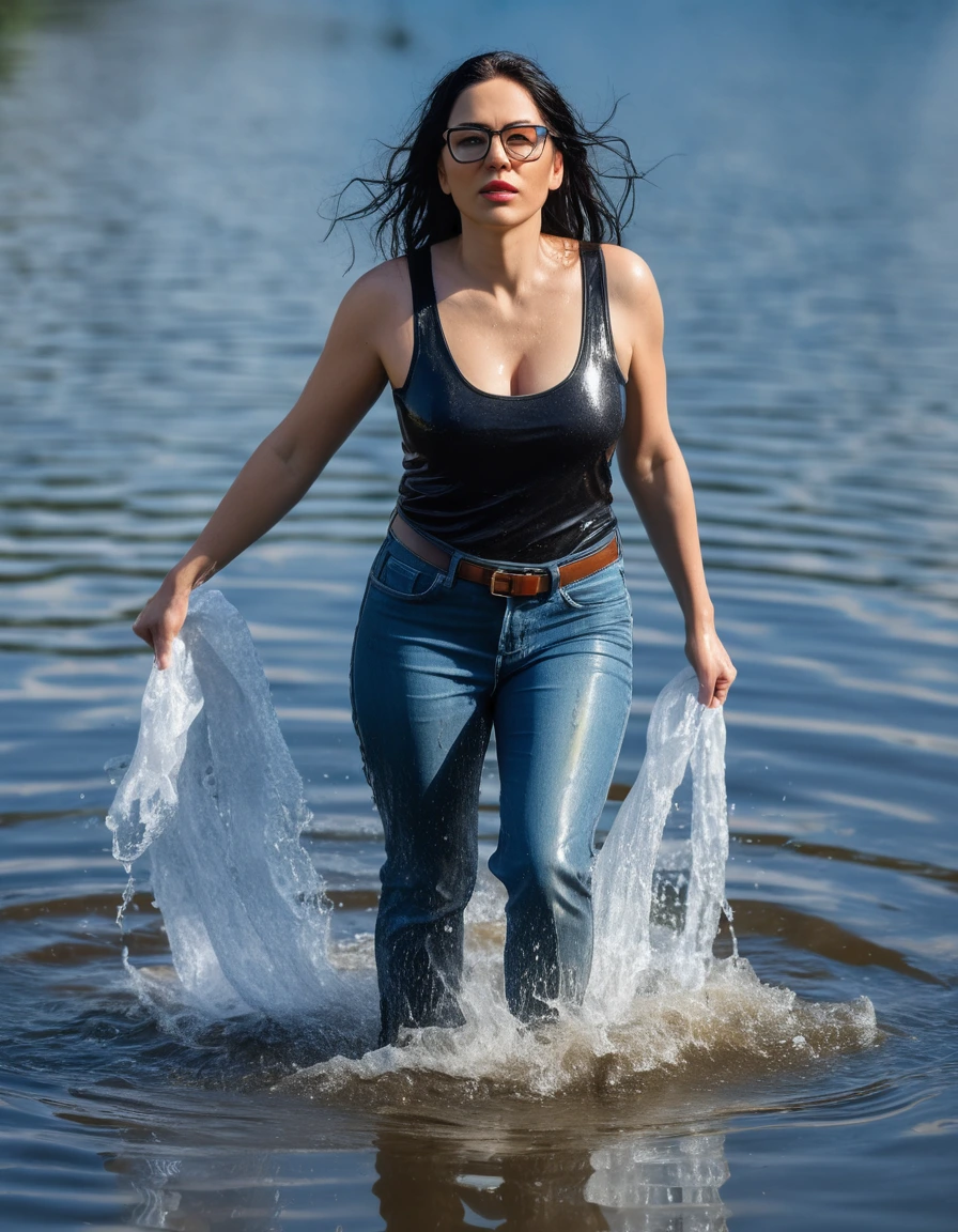 photo of young woman, in soaking wet, drenched clothes,
office shoes , long blue leather jeans, black tank top, walking submerged in sunny deep lake, 
enjoying, wet clothes stuck to body,
detailed textures of the wet clothes, wet face, wet plastered hair,
wet, drenched, professional, high-quality details, full body view.
sharp focus, ultra-high pixel detail, realistic, high-quality, full colors, incredibly detailed, 4k, 8k, 16k, hyper-realistic, RAW photo, masterpiece, ultra-detailed, professionally color graded, professional photograph, woman 51 years old, long black hair, very big and thick lips, office glasses, complete body, open mouth,, dry skin, dry clothes, dry fabric