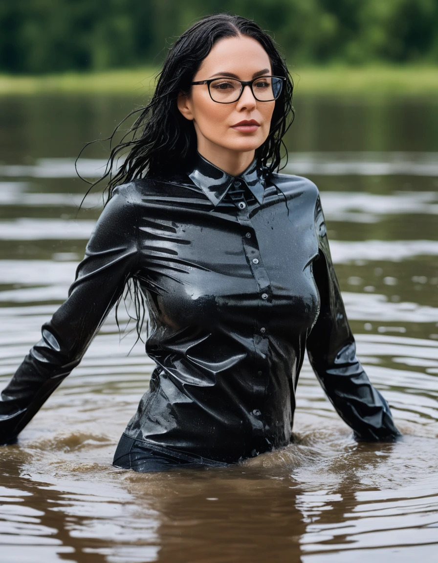 photo of young woman, in soaking wet, drenched clothes,
office shoes , long black latex jeans, black latex shirt with long sleeves, walking submerged in sunny deep lake, 
enjoying, wet clothes stuck to body,
detailed textures of the wet clothes, wet face, wet plastered hair,
wet, drenched, professional, high-quality details, full body view.
sharp focus, ultra-high pixel detail, realistic, high-quality, full colors, incredibly detailed, 4k, 8k, 16k, hyper-realistic, RAW photo, masterpiece, ultra-detailed, professionally color graded, professional photograph, woman 51 years old, long black hair, very big and thick lips, office glasses, complete body, open mouth, dry skin, dry clothes, dry fabric