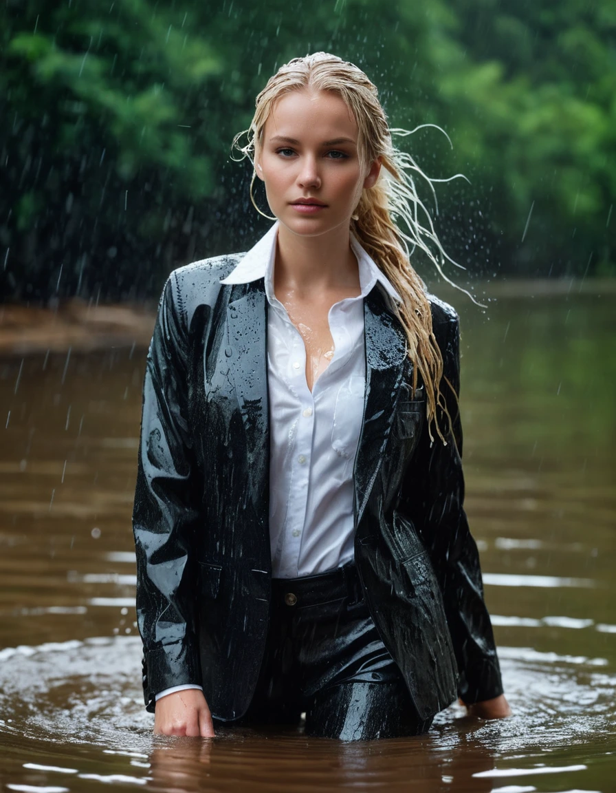 photo of young woman, in soaking wet, drenched clothes,
Black Long Business Trouser, Black Business Suit Jacket with white button down business shirt longsleeve, Clear Mountain lake with heavy rain, 
enjoying, wet clothes stuck to body,
detailed textures of the wet clothes, wet face, wet plastered hair,
wet, drenched, professional, high-quality details, full body view.
sharp focus, ultra-high pixel detail, realistic, high-quality, full colors, incredibly detailed, 4k, 8k, 16k, hyper-realistic, RAW photo, masterpiece, ultra-detailed, professionally color graded, professional photograph, young elegant beautiful white Blonde women, breast deep submerged, under a big rainshower, fully clothed, completely soaked, fully drenched, completely wet, wetlook, heavy rain, side parting, long hair, rain storm, looks confidently into camera, dry skin, dry clothes, dry fabric