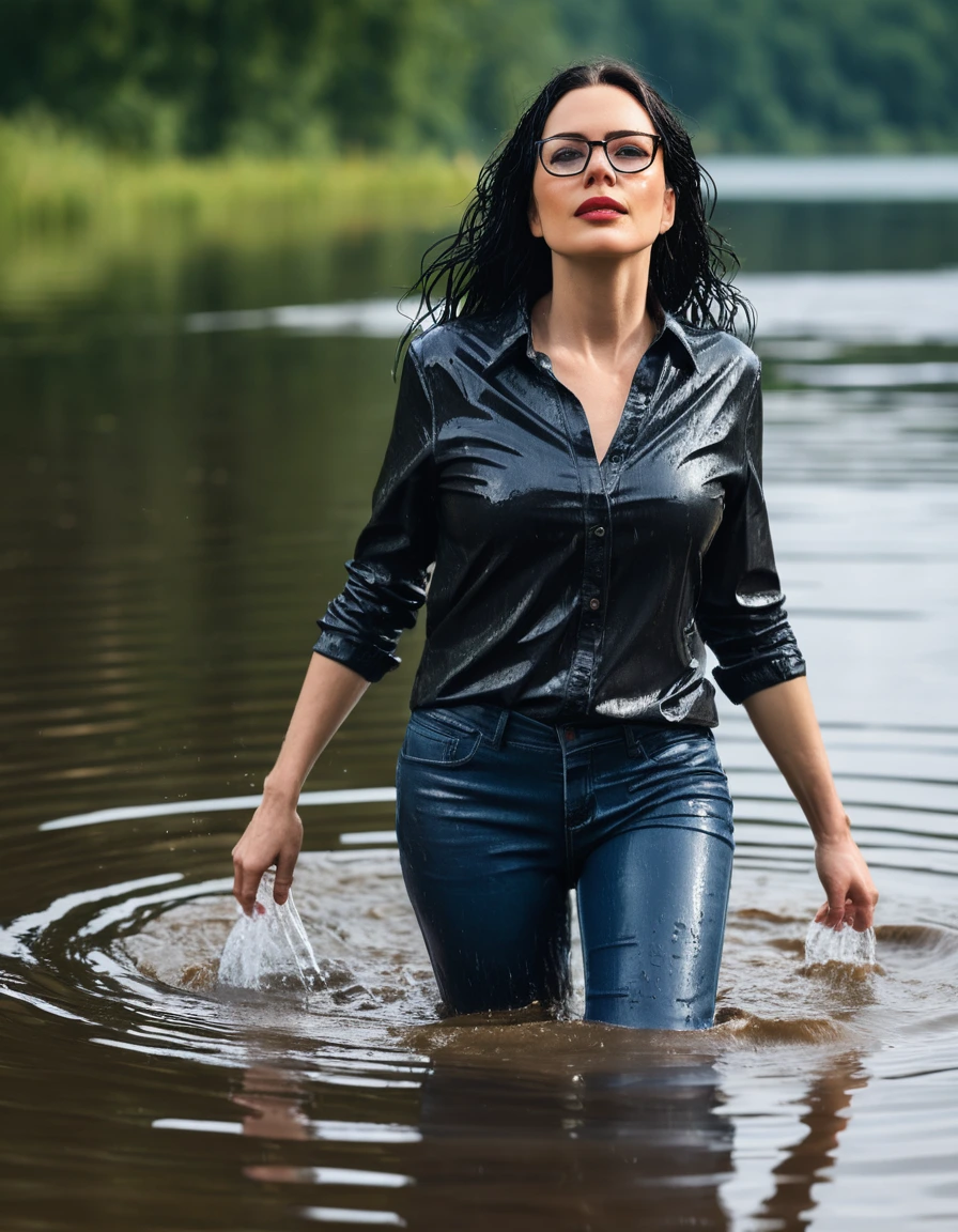photo of young woman, in soaking wet, drenched clothes,
office shoes , long blue leather jeans, black t-shirt, walking submerged in sunny deep lake, 
enjoying, wet clothes stuck to body,
detailed textures of the wet clothes, wet face, wet plastered hair,
wet, drenched, professional, high-quality details, full body view.
sharp focus, ultra-high pixel detail, realistic, high-quality, full colors, incredibly detailed, 4k, 8k, 16k, hyper-realistic, RAW photo, masterpiece, ultra-detailed, professionally color graded, professional photograph, woman 51 years old, long black hair, very big and thick lips, office glasses, complete body, open mouth, dry skin, dry clothes, dry fabric