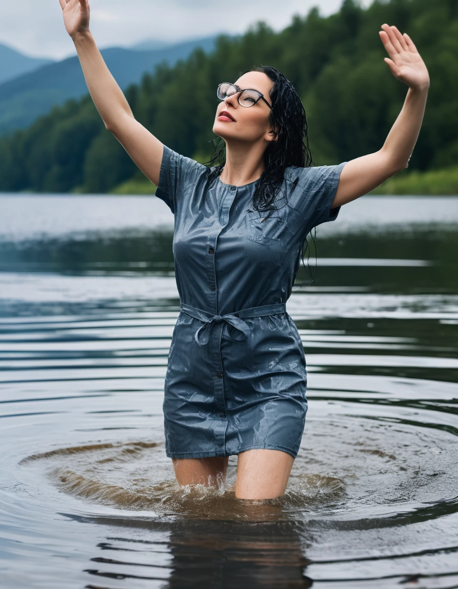 photo of young woman, in soaking wet, drenched clothes,
office shoes , long tight blue jeans, gray t-shirt dress with short sleeves, walking submerged in sunny deep lake, 
enjoying, wet clothes stuck to body,
detailed textures of the wet clothes, wet face, wet plastered hair,
wet, drenched, professional, high-quality details, full body view.
sharp focus, ultra-high pixel detail, realistic, high-quality, full colors, incredibly detailed, 4k, 8k, 16k, hyper-realistic, RAW photo, masterpiece, ultra-detailed, professionally color graded, professional photograph, woman 51 years old, long black hair, very big and thick lips, office glasses, complete body, open mouth, hands in the air, dry skin, dry clothes, dry fabric