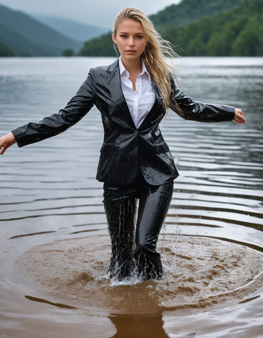photo of young woman, in soaking wet, drenched clothes,
Black Long Business Trouser, Black Business Suit Jacket with white button down business shirt longsleeve, Clear Mountain lake with heavy rain, 
enjoying, wet clothes stuck to body,
detailed textures of the wet clothes, wet face, wet plastered hair,
wet, drenched, professional, high-quality details, full body view.
sharp focus, ultra-high pixel detail, realistic, high-quality, full colors, incredibly detailed, 4k, 8k, 16k, hyper-realistic, RAW photo, masterpiece, ultra-detailed, professionally color graded, professional photograph, young elegant beautiful white Blonde women, breast deep submerged, under a big rainshower, fully clothed, completely soaked, fully drenched, completely wet, wetlook, heavy rain, side parting, long hair, rain storm, looks confidently into camera, dry skin, dry clothes, dry fabric