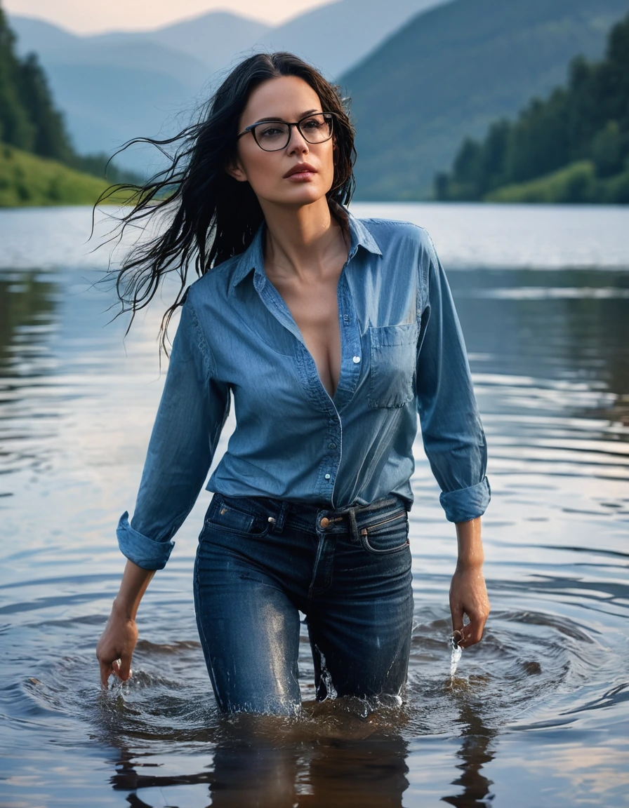 photo of young woman, in soaking wet, drenched clothes,
office shoes , wet long blue jeans shinning, wet blue jeans shirt with long sleeves shinning, walking submerged in sunny deep lake, 
enjoying, wet clothes stuck to body,
detailed textures of the wet clothes, wet face, wet plastered hair,
wet, drenched, professional, high-quality details, full body view.
sharp focus, ultra-high pixel detail, realistic, high-quality, full colors, incredibly detailed, 4k, 8k, 16k, hyper-realistic, RAW photo, masterpiece, ultra-detailed, professionally color graded, professional photograph, woman 51 years old, long black hair, very big and thick lips, office glasses, complete body, open mouth, dry skin, dry clothes, dry fabric