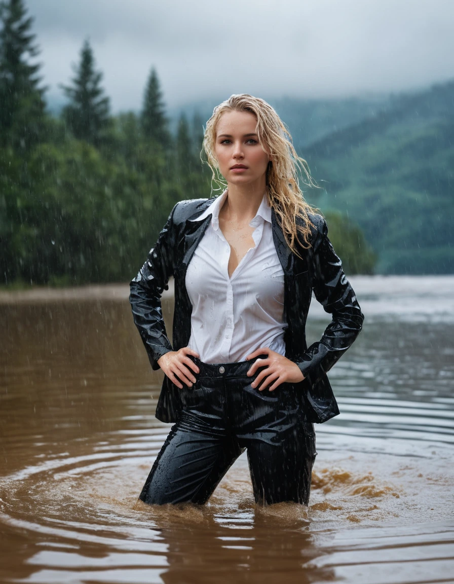 photo of young woman, in soaking wet, drenched clothes,
Black Long Business Trouser, Black Business Suit Jacket with white button down business shirt longsleeve, Clear Mountain lake with heavy rain, 
enjoying, wet clothes stuck to body,
detailed textures of the wet clothes, wet face, wet plastered hair,
wet, drenched, professional, high-quality details, full body view.
sharp focus, ultra-high pixel detail, realistic, high-quality, full colors, incredibly detailed, 4k, 8k, 16k, hyper-realistic, RAW photo, masterpiece, ultra-detailed, professionally color graded, professional photograph, young elegant beautiful white Blonde women, breast deep submerged, under a big rainshower, fully clothed, completely soaked, fully drenched, completely wet, wetlook, heavy rain, side parting, long hair, rain storm, looks confidently into camera, dry skin, dry clothes, dry fabric