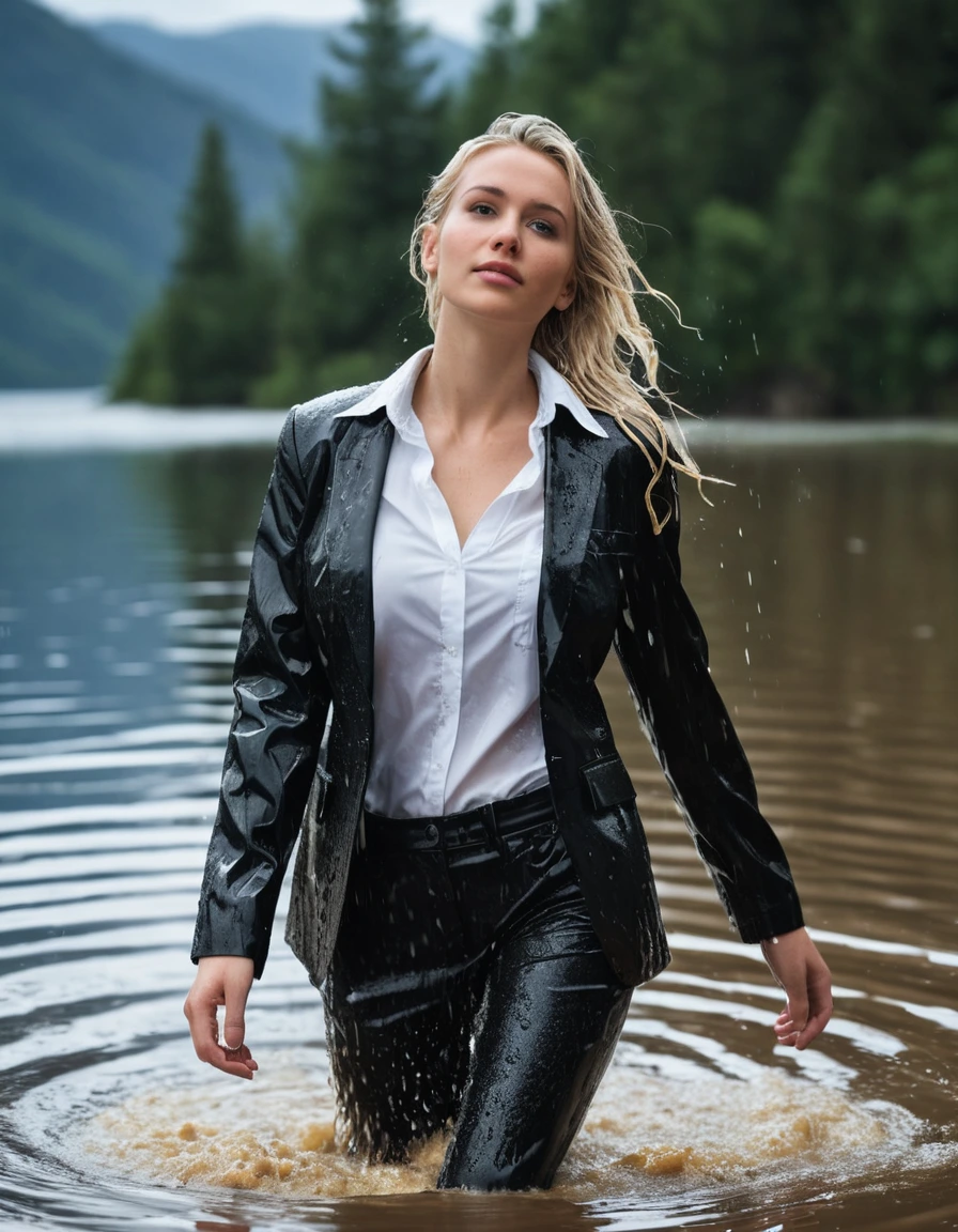 photo of young woman, in soaking wet, drenched clothes,
Black Long Business Trouser, Black Business Suit Jacket with white button down business shirt longsleeve, Clear Mountain lake with heavy rain, 
enjoying, wet clothes stuck to body,
detailed textures of the wet clothes, wet face, wet plastered hair,
wet, drenched, professional, high-quality details, full body view.
sharp focus, ultra-high pixel detail, realistic, high-quality, full colors, incredibly detailed, 4k, 8k, 16k, hyper-realistic, RAW photo, masterpiece, ultra-detailed, professionally color graded, professional photograph, young elegant beautiful white Blonde women, breast deep submerged, under a big rainshower, fully clothed, completely soaked, fully drenched, completely wet, wetlook, heavy rain, side parting, long hair, rain storm, looks confidently into camera, dry skin, dry clothes, dry fabric