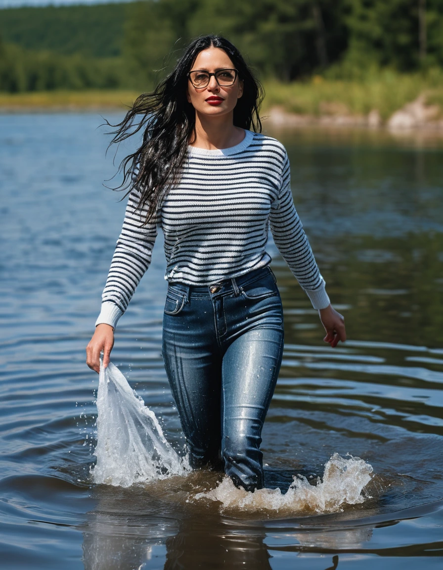 photo of young woman, in soaking wet, drenched clothes,
office shoes , long blue leather jeans, black & white striped sweater with long sleeves, walking submerged in sunny deep lake, 
enjoying, wet clothes stuck to body,
detailed textures of the wet clothes, wet face, wet plastered hair,
wet, drenched, professional, high-quality details, full body view.
sharp focus, ultra-high pixel detail, realistic, high-quality, full colors, incredibly detailed, 4k, 8k, 16k, hyper-realistic, RAW photo, masterpiece, ultra-detailed, professionally color graded, professional photograph, woman 51 years old, long black hair, very big and thick lips, office glasses, complete body, open mouth,, dry skin, dry clothes, dry fabric