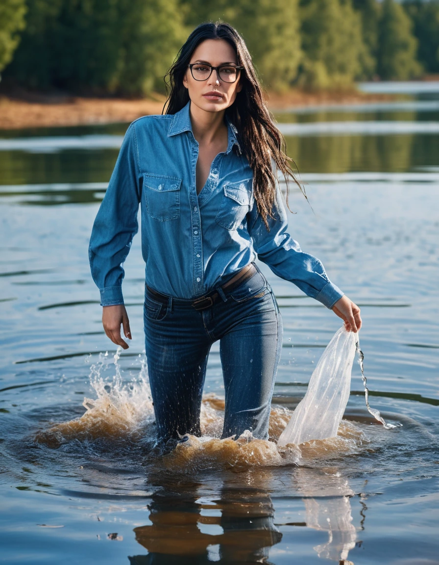 photo of young woman, in soaking wet, drenched clothes,
office shoes , wet long blue jeans shinning, wet blue jeans shirt with long sleeves shinning, walking submerged in sunny deep lake, 
enjoying, wet clothes stuck to body,
detailed textures of the wet clothes, wet face, wet plastered hair,
wet, drenched, professional, high-quality details, full body view.
sharp focus, ultra-high pixel detail, realistic, high-quality, full colors, incredibly detailed, 4k, 8k, 16k, hyper-realistic, RAW photo, masterpiece, ultra-detailed, professionally color graded, professional photograph, woman 51 years old, long black hair, very big and thick lips, office glasses, complete body, open mouth,, dry skin, dry clothes, dry fabric