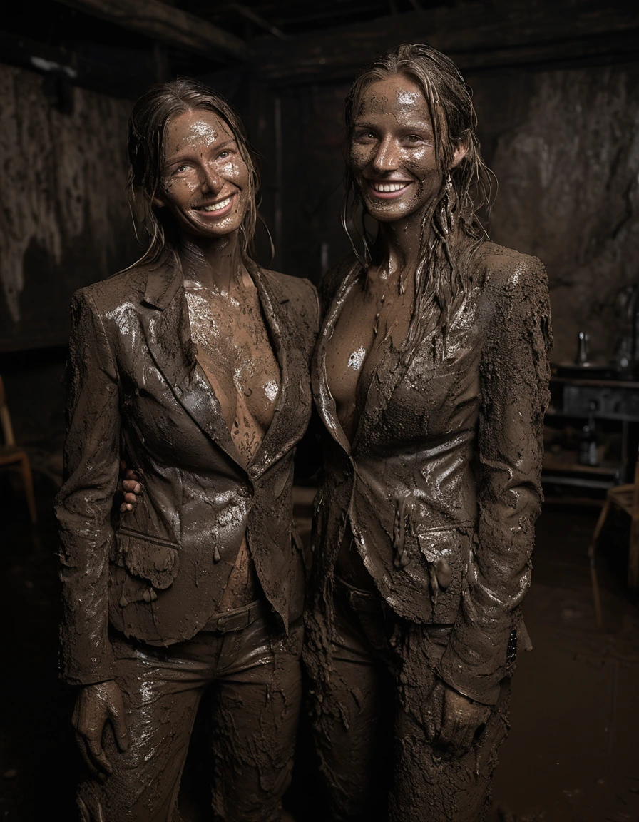 photo of young woman, in soaking wet, drenched clothes,
Muddy high heels, Long very muddy suit pants, Full muddy ruined fully-opened unbuttoned sexy blazer like a fancy uniform over topless with super sexy cleavage and exposed huge saggy boobs., Dark muddy indoor disco club at night. Deep mud on the floor, mud splashed walls, dripping mud from above, very dark mood lighting with pink and blue neon lights from above. Muddy chairs and sofas in the background. , 
enjoying, wet clothes stuck to body,
detailed textures of the wet clothes, wet face, wet plastered hair,
wet, drenched, professional, high-quality details, full body view.
sharp focus, ultra-high pixel detail, realistic, high-quality, full colors, incredibly detailed, 4k, 8k, 16k, hyper-realistic, RAW photo, masterpiece, ultra-detailed, professionally color graded, professional photograph, Three stunning blonde 60 years old beautiful gleaming mature women are wallowing together in the deep muddy pool after a full dip in it and holding a glass of champagne in their hands during the crazy muddy indoor disco party at night and posing for a professional photo. Total mud coverage on the women. Muddy head, muddy mouth, muddy lips, muddy teeth, muddy hair, muddy skin. They are proudly wearing their fully and heavily mud-covered unbuttoned and opened sexy suits which fully exposing their large sexy and saggy muddy boobs. Focus on the large muddy cleavages of the blazers and on the bravely displayed large muddy heavy saggy boobs. Every small details of the clothes are muddy, muddy beautiful faces, muddy chests and boobs. Their blazer has the same colour as their muddy pants. The classy elegant disco club is totally destroyed by mud, mud spots everywhere, mud flows down on the walls, mud on the furnitures in the background. Straight muddy very long open wavy hairstyle, muddy hair, smiling and satisfied beautiful muddy faces, blue eyes, necklaces, earrings. The women are enjoying to being total muddy in the muddy pool, being sexy, naughty while they are enjoying the muddy fetish party. Realistic muddy boobs and photorealistic detailed smiling facial expressions. Intimate close-up picture about the women. Close-up photo from front view, highly realistic representation, ultra sharp focus, highly photorealistic detailed textures, highly photorealistic detailed facial features and expressions, highly photorealistic hands, highly emotional reactions, highly best quality, highly sharp photorealistic image, highly photorealistic details, full UHD resolution, 32 K, very high level of detail and image sharpness, zoomed in, dry skin, dry clothes, dry fabric, dry skin, dry clothes, dry fabric, dry skin, dry clothes, dry fabric, dry skin, dry clothes, dry fabric, dry skin, dry clothes, dry fabric, dry skin, dry clothes, dry fabric, dry skin, dry clothes, dry fabric
