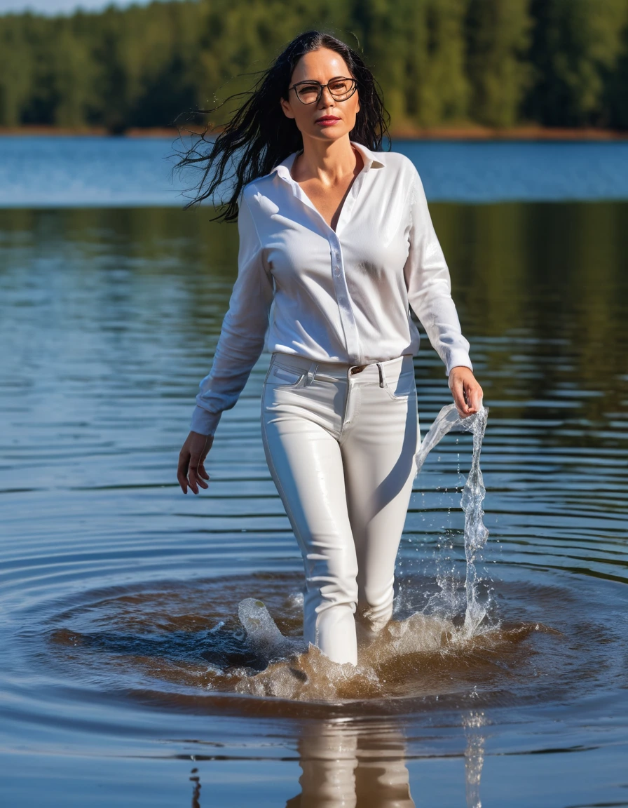 photo of young woman, in soaking wet, drenched clothes,
office shoes , long white leather jeans, white leather sweater with long sleeves, walking submerged in sunny deep lake, 
enjoying, wet clothes stuck to body,
detailed textures of the wet clothes, wet face, wet plastered hair,
wet, drenched, professional, high-quality details, full body view.
sharp focus, ultra-high pixel detail, realistic, high-quality, full colors, incredibly detailed, 4k, 8k, 16k, hyper-realistic, RAW photo, masterpiece, ultra-detailed, professionally color graded, professional photograph, woman 51 years old, long black hair, very big and thick lips, office glasses, complete body, open mouth,, dry skin, dry clothes, dry fabric