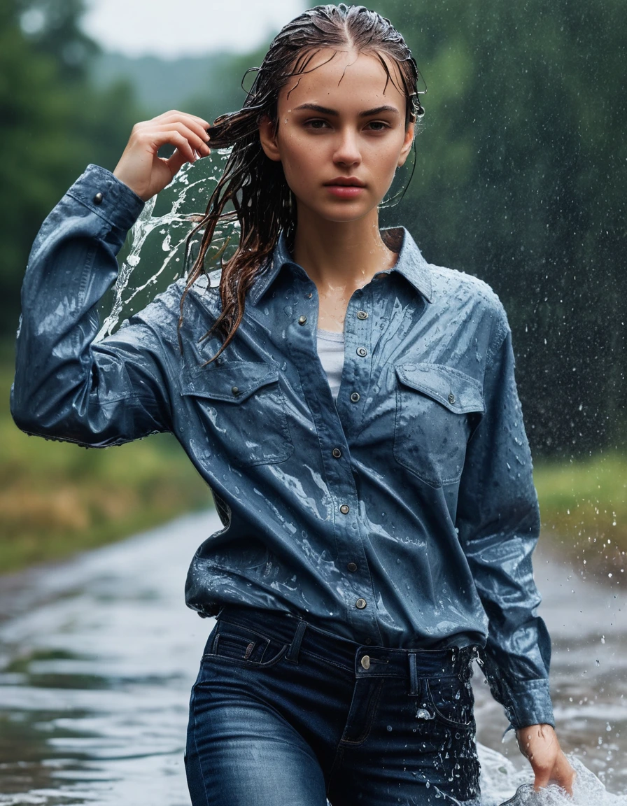 photo of young woman, in soaking wet, drenched clothes,
sneakers, jeans, long sleeved shirt, , 
enjoying, wet clothes stuck to body,
detailed textures of the wet clothes, wet face, wet plastered hair,
wet, drenched, professional, high-quality details, full body view.
sharp focus, ultra-high pixel detail, realistic, high-quality, full colors, incredibly detailed, 4k, 8k, 16k, hyper-realistic, RAW photo, masterpiece, ultra-detailed, professionally color graded, professional photograph, dry skin, dry clothes, dry fabric