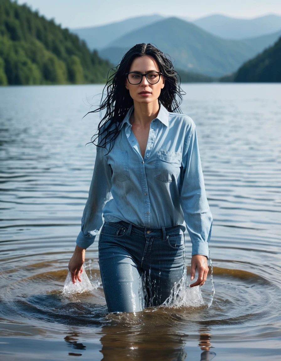 photo of young woman, in soaking wet, drenched clothes,
office shoes , wet long light blue jeans shinning, wet light blue jeans shirt with long sleeves shinning, walking submerged in sunny deep lake, 
enjoying, wet clothes stuck to body,
detailed textures of the wet clothes, wet face, wet plastered hair,
wet, drenched, professional, high-quality details, full body view.
sharp focus, ultra-high pixel detail, realistic, high-quality, full colors, incredibly detailed, 4k, 8k, 16k, hyper-realistic, RAW photo, masterpiece, ultra-detailed, professionally color graded, professional photograph, woman 51 years old, long black hair, very big and thick lips, office glasses, complete body, open mouth,, dry skin, dry clothes, dry fabric