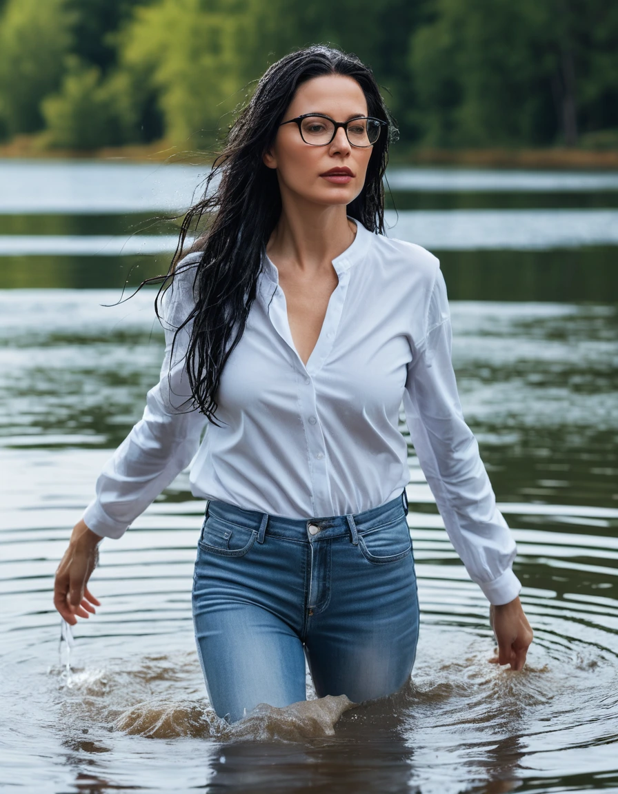 photo of young woman, in soaking wet, drenched clothes,
office shoes , long light blue leather jeans, white sweater with long sleeves, walking submerged in sunny deep lake, 
enjoying, wet clothes stuck to body,
detailed textures of the wet clothes, wet face, wet plastered hair,
wet, drenched, professional, high-quality details, full body view.
sharp focus, ultra-high pixel detail, realistic, high-quality, full colors, incredibly detailed, 4k, 8k, 16k, hyper-realistic, RAW photo, masterpiece, ultra-detailed, professionally color graded, professional photograph, woman 51 years old, long black hair, very big and thick lips, office glasses, complete body, open mouth,, dry skin, dry clothes, dry fabric