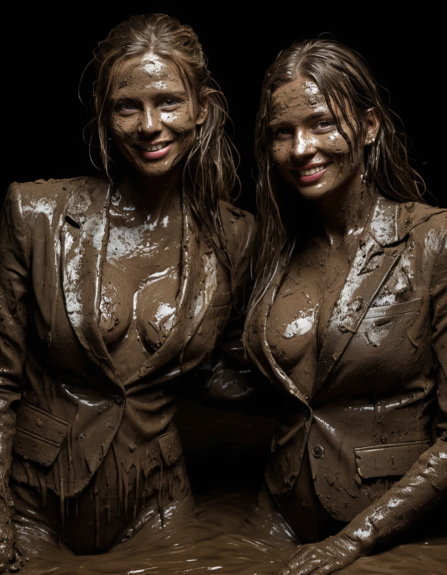photo of young woman, in soaking wet, drenched clothes,
Muddy high heels, Long very muddy suit pants, Full muddy ruined fully-opened unbuttoned sexy blazer like a fancy uniform over topless with super sexy cleavage and exposed huge saggy boobs., Dark muddy indoor disco club at night. Deep mud on the floor, mud splashed walls, dripping mud from above, very dark mood lighting with pink and blue neon lights from above. Muddy chairs and sofas in the background. , 
enjoying, wet clothes stuck to body,
detailed textures of the wet clothes, wet face, wet plastered hair,
wet, drenched, professional, high-quality details, full body view.
sharp focus, ultra-high pixel detail, realistic, high-quality, full colors, incredibly detailed, 4k, 8k, 16k, hyper-realistic, RAW photo, masterpiece, ultra-detailed, professionally color graded, professional photograph, Three stunning blonde 60 years old beautiful gleaming grannies are wallowing together in the deep muddy pool after a full dip in it and holding a glass of champagne in their hands during the crazy muddy indoor disco party at night and posing for a professional photo. They are proudly wearing their fully and heavily mud-covered unbuttoned and opened sexy suits which fully exposing their large sexy and saggy muddy boobs. Focus on the large muddy cleavages of the blazers and on the bravely displayed large muddy heavy saggy boobs. Every small details of the clothes are muddy, muddy beautiful faces, muddy chests and boobs. Their blazer has the same colour as their muddy pants. The classy elegant disco club is totally destroyed by mud, mud spots everywhere, mud flows down on the walls, mud on the furnitures in the background. Straight muddy very long open wavy hairstyle, muddy hair, smiling and satisfied beautiful muddy faces, blue eyes, necklaces, earrings, lipstick. The women are enjoying to being total muddy in the muddy pool, being sexy, naughty while they are enjoying the muddy fetish party. Realistic muddy boobs and photorealistic detailed smiling facial expressions. Intimate close-up picture about the women. Close-up photo from front view, highly realistic representation, ultra sharp focus, highly photorealistic detailed textures, highly photorealistic detailed facial features and expressions, highly photorealistic hands, highly emotional reactions, highly best quality, highly sharp photorealistic image, highly photorealistic details, full UHD resolution, 32 K, very high level of detail and image sharpness, zoomed in, dry skin, dry clothes, dry fabric, dry skin, dry clothes, dry fabric, dry skin, dry clothes, dry fabric, dry skin, dry clothes, dry fabric, dry skin, dry clothes, dry fabric, dry skin, dry clothes, dry fabric