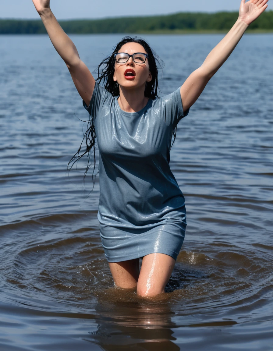 photo of young woman, in soaking wet, drenched clothes,
office shoes , long tight blue jeans, gray t-shirt dress with short sleeves, walking submerged in sunny deep lake, 
enjoying, wet clothes stuck to body,
detailed textures of the wet clothes, wet face, wet plastered hair,
wet, drenched, professional, high-quality details, full body view.
sharp focus, ultra-high pixel detail, realistic, high-quality, full colors, incredibly detailed, 4k, 8k, 16k, hyper-realistic, RAW photo, masterpiece, ultra-detailed, professionally color graded, professional photograph, woman 51 years old, long black hair, very big and thick lips, office glasses, complete body, open mouth, hands in the air,, dry skin, dry clothes, dry fabric