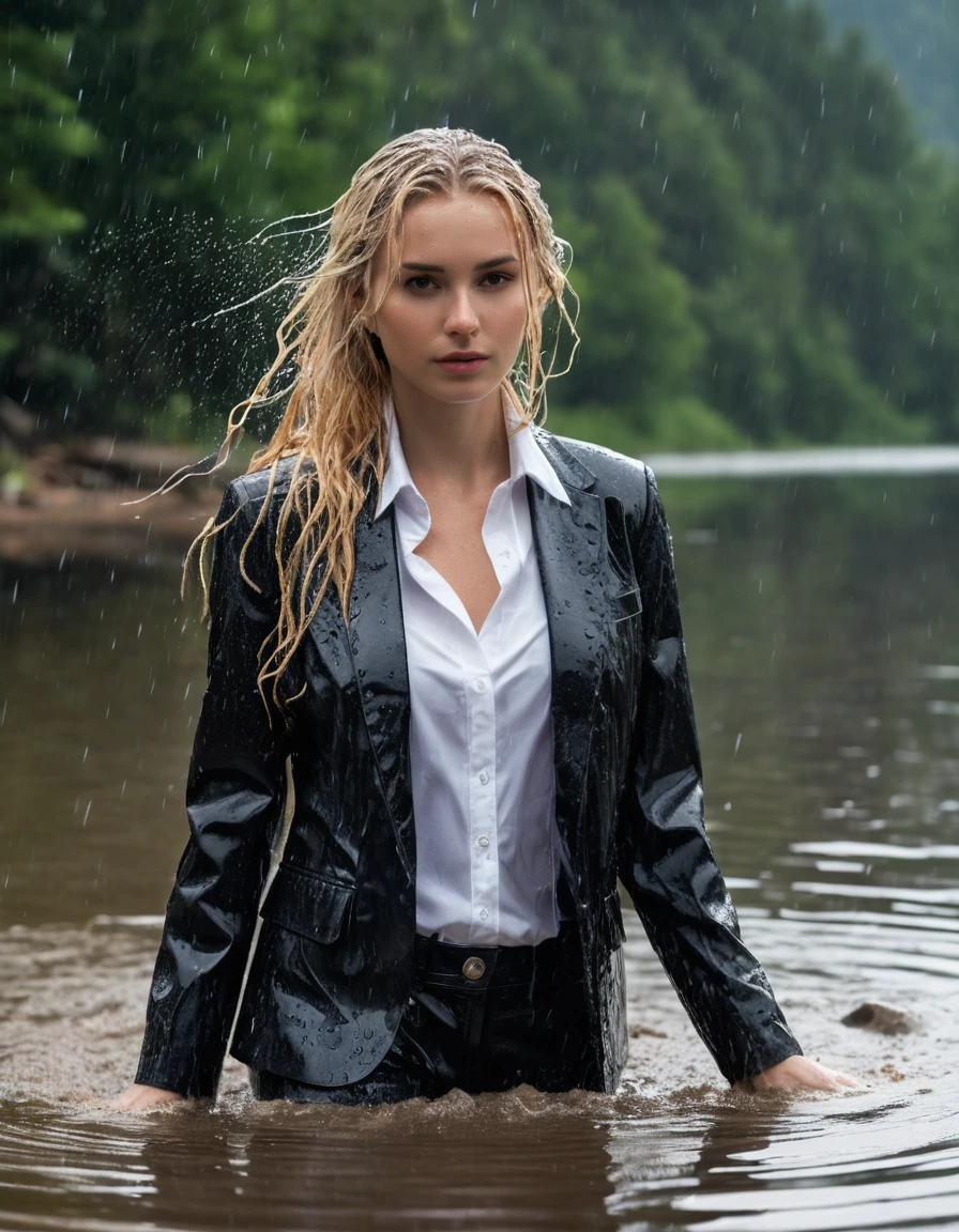 photo of young woman, in soaking wet, drenched clothes,
Black Long Business Trouser, Black Business Suit Jacket with white button down business shirt longsleeve, Clear Mountain lake with heavy rain, 
enjoying, wet clothes stuck to body,
detailed textures of the wet clothes, wet face, wet plastered hair,
wet, drenched, professional, high-quality details, full body view.
sharp focus, ultra-high pixel detail, realistic, high-quality, full colors, incredibly detailed, 4k, 8k, 16k, hyper-realistic, RAW photo, masterpiece, ultra-detailed, professionally color graded, professional photograph, young elegant beautiful white Blonde women, breast deep submerged, under a big rainshower, fully clothed, completely soaked, fully drenched, completely wet, wetlook, heavy rain, side parting, long hair, rain storm, looks confidently into camera, dry skin, dry clothes, dry fabric
