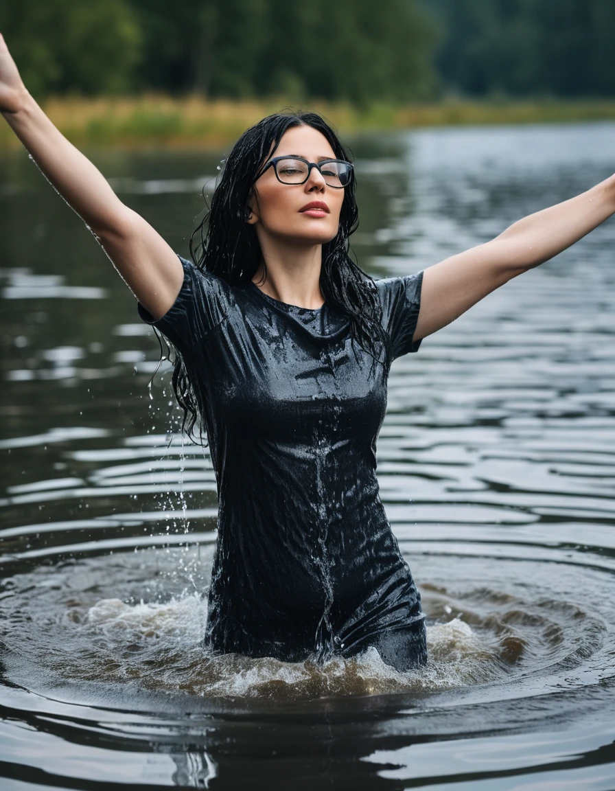 photo of young woman, in soaking wet, drenched clothes,
office shoes , long tight blue jeans, black t-shirt dress with short sleeves, walking submerged in sunny deep lake, 
enjoying, wet clothes stuck to body,
detailed textures of the wet clothes, wet face, wet plastered hair,
wet, drenched, professional, high-quality details, full body view.
sharp focus, ultra-high pixel detail, realistic, high-quality, full colors, incredibly detailed, 4k, 8k, 16k, hyper-realistic, RAW photo, masterpiece, ultra-detailed, professionally color graded, professional photograph, woman 51 years old, long black hair, very big and thick lips, office glasses, complete body, open mouth, hands in the air, dry skin, dry clothes, dry fabric