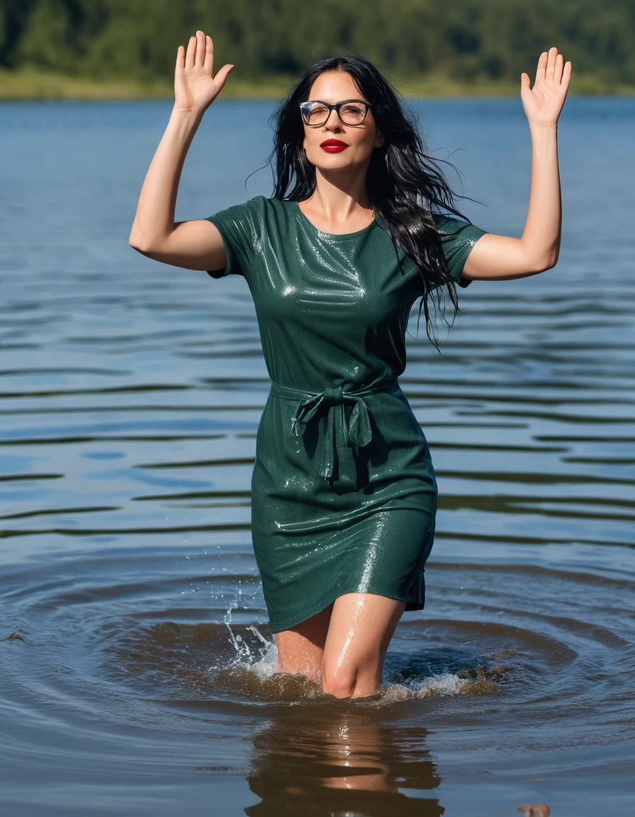 photo of young woman, in soaking wet, drenched clothes,
office shoes , long tight blue jeans, dark green t-shirt dress with short sleeves, walking in sunny deep lake, 
enjoying, wet clothes stuck to body,
detailed textures of the wet clothes, wet face, wet plastered hair,
wet, drenched, professional, high-quality details, full body view.
sharp focus, ultra-high pixel detail, realistic, high-quality, full colors, incredibly detailed, 4k, 8k, 16k, hyper-realistic, RAW photo, masterpiece, ultra-detailed, professionally color graded, professional photograph, woman 51 years old, long black hair, very big and thick lips, office glasses, complete body, open mouth, hands in the air, dry skin, dry clothes, dry fabric