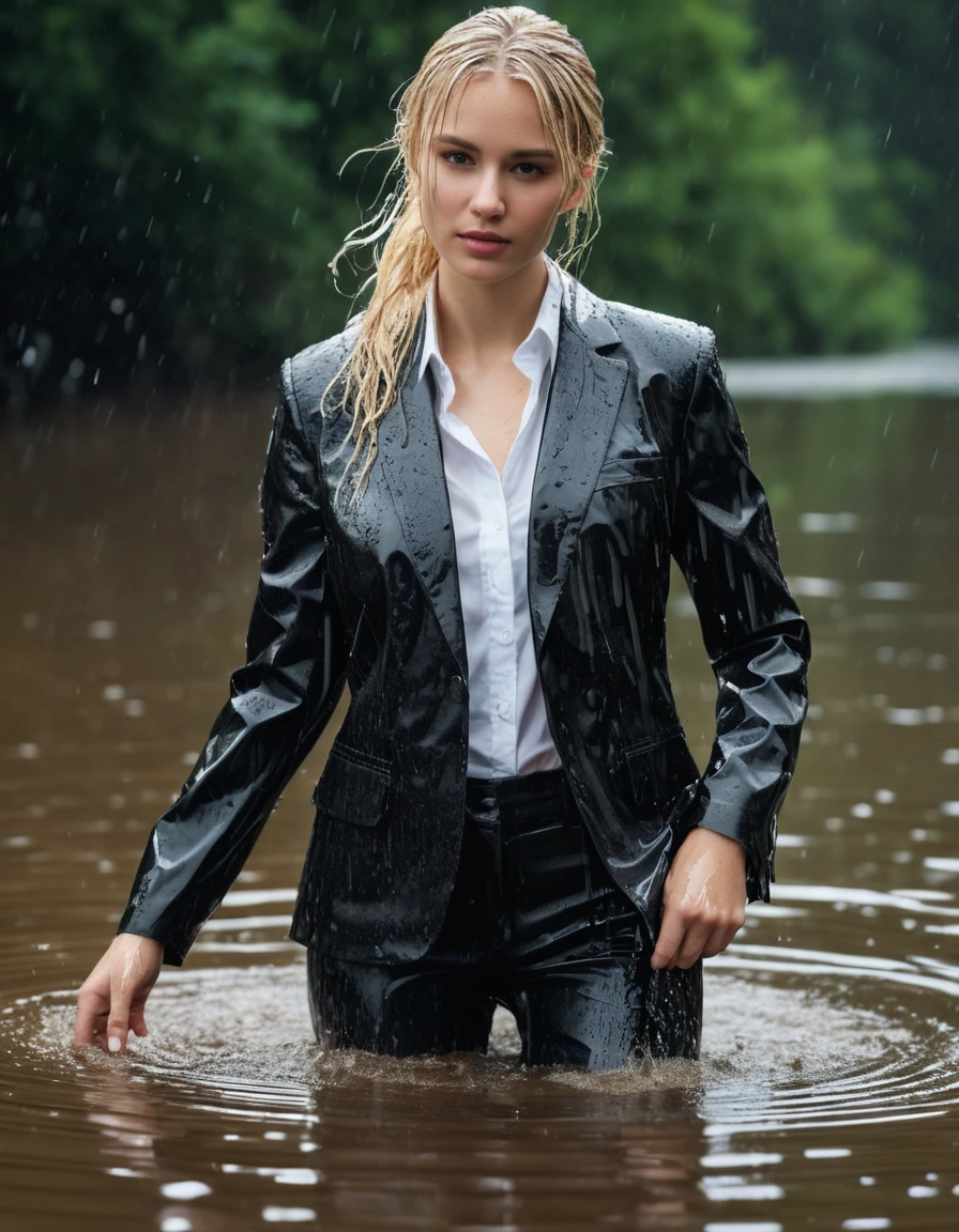 photo of young woman, in soaking wet, drenched clothes,
Black Long Business Trouser, Black Business Suit Jacket with white button down business shirt longsleeve, Clear Mountain lake with heavy rain, 
enjoying, wet clothes stuck to body,
detailed textures of the wet clothes, wet face, wet plastered hair,
wet, drenched, professional, high-quality details, full body view.
sharp focus, ultra-high pixel detail, realistic, high-quality, full colors, incredibly detailed, 4k, 8k, 16k, hyper-realistic, RAW photo, masterpiece, ultra-detailed, professionally color graded, professional photograph, young elegant beautiful white Blonde women, breast deep submerged, under a big rainshower, fully clothed, completely soaked, fully drenched, completely wet, wetlook, heavy rain, side parting, long hair, rain storm, looks confidently into camera, dry skin, dry clothes, dry fabric