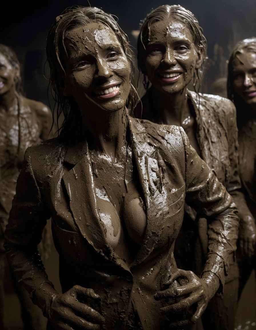photo of young woman, in soaking wet, drenched clothes,
Muddy high heels, Long very muddy suit pants, Full muddy ruined fully-opened unbuttoned sexy blazer like a fancy uniform over topless with super sexy cleavage and exposed huge saggy boobs., Dark muddy indoor disco club at night. Deep mud on the floor, mud splashed walls, dripping mud from above, very dark mood lighting with pink and blue neon lights from above. Muddy chairs and sofas in the background. , 
enjoying, wet clothes stuck to body,
detailed textures of the wet clothes, wet face, wet plastered hair,
wet, drenched, professional, high-quality details, full body view.
sharp focus, ultra-high pixel detail, realistic, high-quality, full colors, incredibly detailed, 4k, 8k, 16k, hyper-realistic, RAW photo, masterpiece, ultra-detailed, professionally color graded, professional photograph, Three stunning blonde 60 years old beautiful gleaming grannies are wallowing together in the deep muddy pool after a full dip in it and holding a glass of champagne in their hands during the crazy muddy indoor disco party at night and posing for a professional photo. They are proudly wearing their fully and heavily mud-covered unbuttoned and opened sexy suits which fully exposing their large sexy and saggy muddy boobs. Focus on the large muddy cleavages of the blazers and on the bravely displayed large muddy heavy saggy boobs. Every small details of the clothes are muddy, muddy beautiful faces, muddy chests and boobs. Their blazer has the same colour as their muddy pants. The classy elegant disco club is totally destroyed by mud, mud spots everywhere, mud flows down on the walls, mud on the furnitures in the background. Straight muddy very long open wavy hairstyle, muddy hair, smiling and satisfied beautiful muddy faces, blue eyes, necklaces, earrings, lipstick. The women are enjoying to being total muddy in the muddy pool, being sexy, naughty while they are enjoying the muddy fetish party. Realistic muddy boobs and photorealistic detailed smiling facial expressions. Intimate close-up picture about the women. Close-up photo from front view, highly realistic representation, ultra sharp focus, highly photorealistic detailed textures, highly photorealistic detailed facial features and expressions, highly photorealistic hands, highly emotional reactions, highly best quality, highly sharp photorealistic image, highly photorealistic details, full UHD resolution, 32 K, very high level of detail and image sharpness, zoomed in, dry skin, dry clothes, dry fabric, dry skin, dry clothes, dry fabric, dry skin, dry clothes, dry fabric, dry skin, dry clothes, dry fabric, dry skin, dry clothes, dry fabric, dry skin, dry clothes, dry fabric