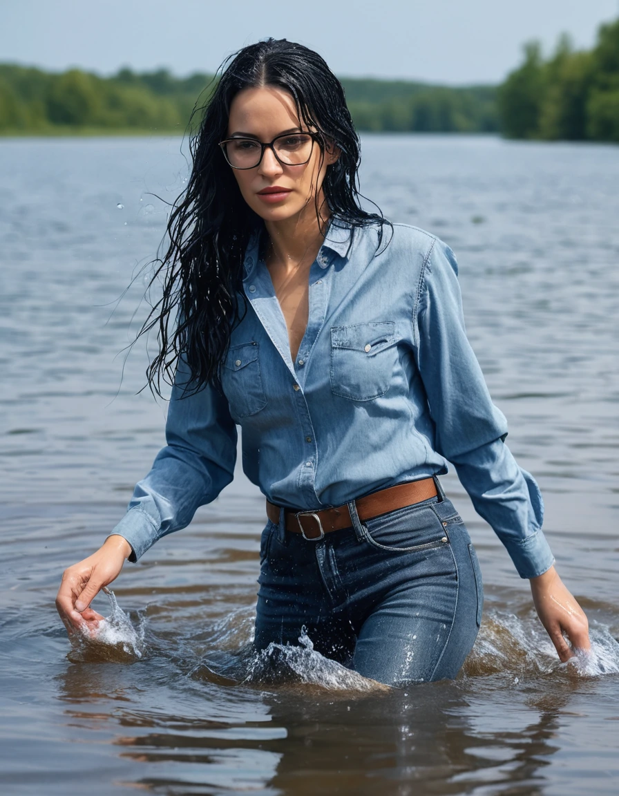 photo of young woman, in soaking wet, drenched clothes,
office shoes , wet long blue jeans shinning, wet blue jeans shirt with long sleeves shinning, walking submerged in sunny deep lake, 
enjoying, wet clothes stuck to body,
detailed textures of the wet clothes, wet face, wet plastered hair,
wet, drenched, professional, high-quality details, full body view.
sharp focus, ultra-high pixel detail, realistic, high-quality, full colors, incredibly detailed, 4k, 8k, 16k, hyper-realistic, RAW photo, masterpiece, ultra-detailed, professionally color graded, professional photograph, woman 51 years old, long black hair, very big and thick lips, office glasses, complete body, open mouth,, dry skin, dry clothes, dry fabric