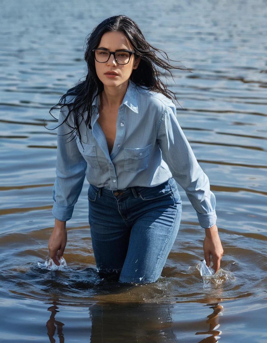 photo of young woman, in soaking wet, drenched clothes,
office shoes , wet long blue jeans shinning, wet blue jeans shirt with long sleeves shinning, walking submerged in sunny deep lake, 
enjoying, wet clothes stuck to body,
detailed textures of the wet clothes, wet face, wet plastered hair,
wet, drenched, professional, high-quality details, full body view.
sharp focus, ultra-high pixel detail, realistic, high-quality, full colors, incredibly detailed, 4k, 8k, 16k, hyper-realistic, RAW photo, masterpiece, ultra-detailed, professionally color graded, professional photograph, woman 51 years old, long black hair, very big and thick lips, office glasses, complete body, open mouth, dry skin, dry clothes, dry fabric