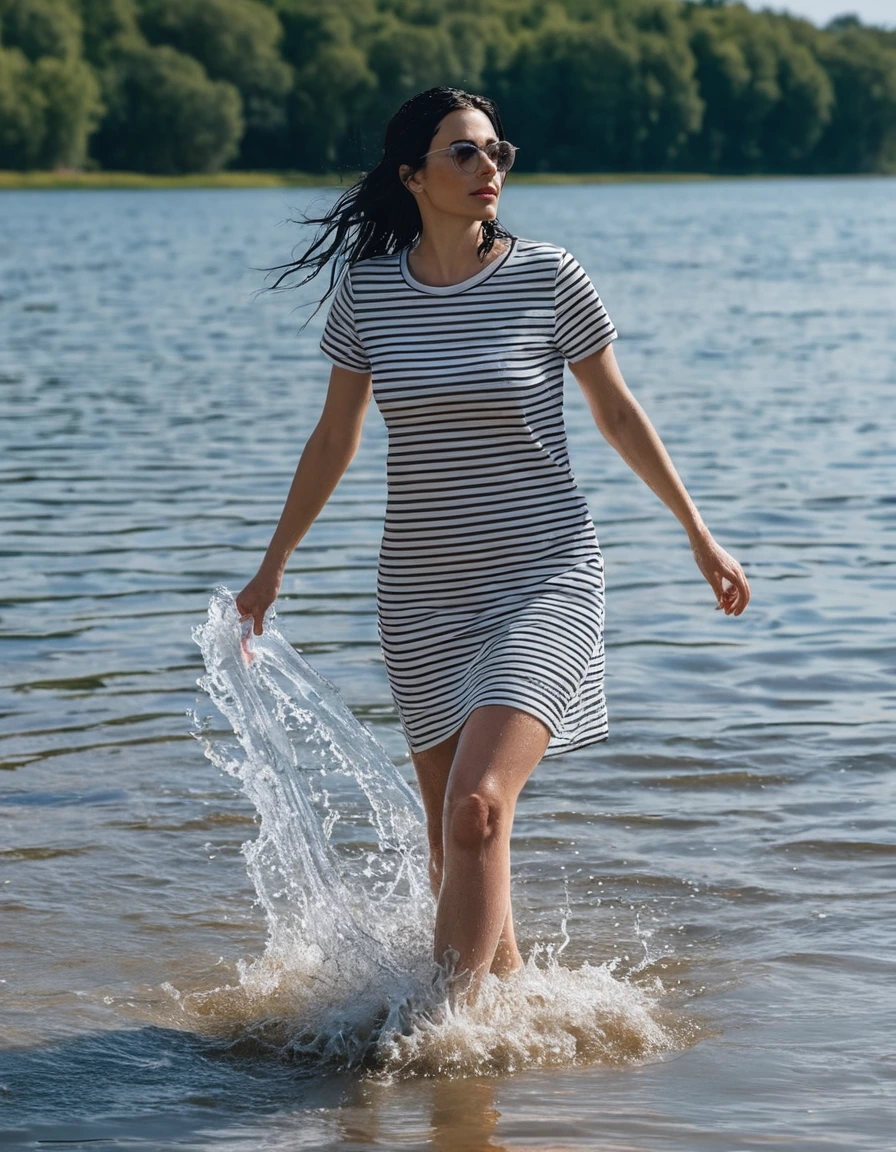photo of young woman, in soaking wet, drenched clothes,
office shoes , white & black striped t-shirt dress with short sleeves, white & black striped t-shirt dress with short sleeves, walking in sunny deep lake, 
enjoying, wet clothes stuck to body,
detailed textures of the wet clothes, wet face, wet plastered hair,
wet, drenched, professional, high-quality details, full body view.
sharp focus, ultra-high pixel detail, realistic, high-quality, full colors, incredibly detailed, 4k, 8k, 16k, hyper-realistic, RAW photo, masterpiece, ultra-detailed, professionally color graded, professional photograph, woman 51 years old, long black hair, very big and thick lips, office glasses, complete body, open mouth,, dry skin, dry clothes, dry fabric