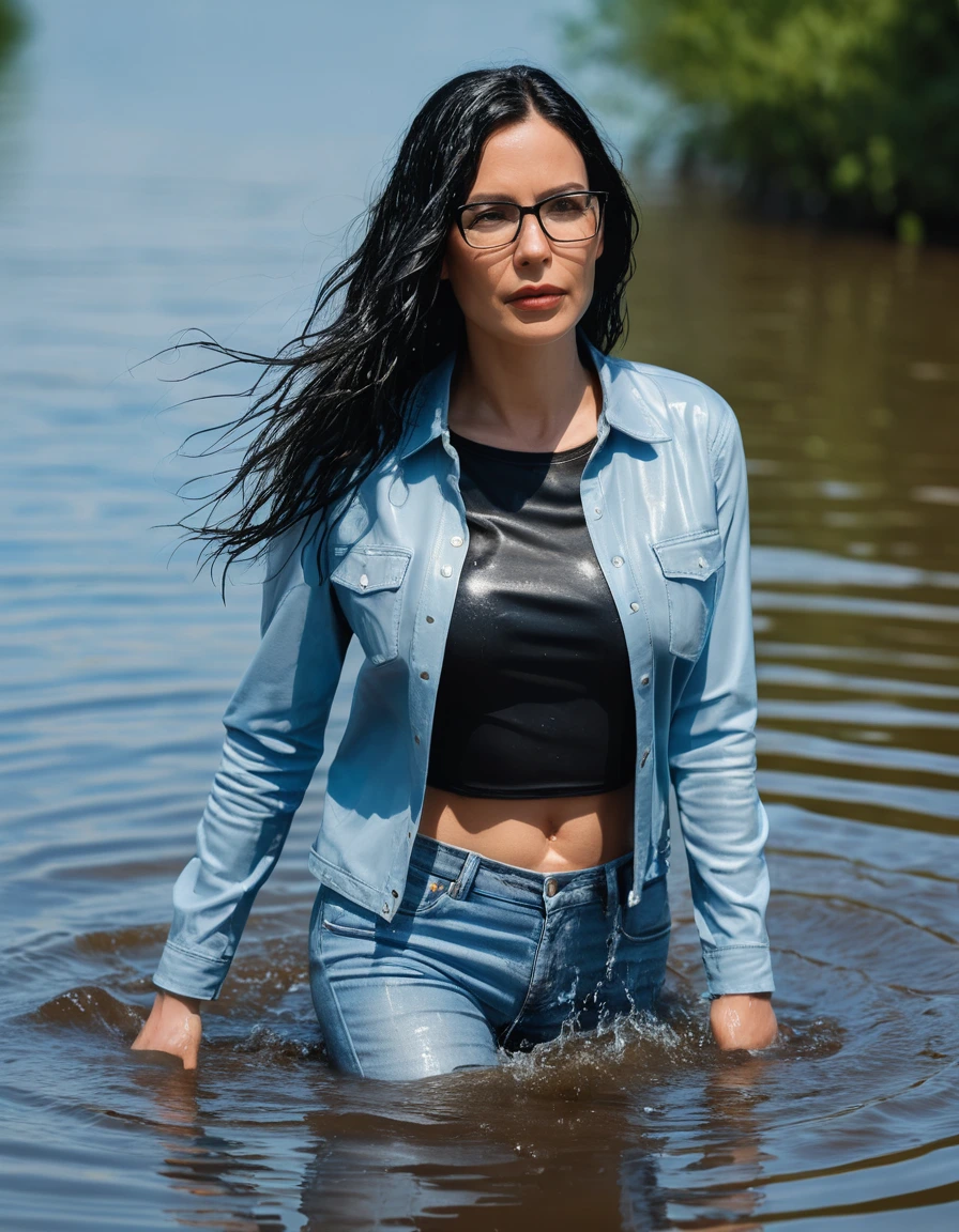 photo of young woman, in soaking wet, drenched clothes,
office shoes , long light blue leather jeans, black t-shirt, walking submerged in sunny deep lake, 
enjoying, wet clothes stuck to body,
detailed textures of the wet clothes, wet face, wet plastered hair,
wet, drenched, professional, high-quality details, full body view.
sharp focus, ultra-high pixel detail, realistic, high-quality, full colors, incredibly detailed, 4k, 8k, 16k, hyper-realistic, RAW photo, masterpiece, ultra-detailed, professionally color graded, professional photograph, woman 51 years old, long black hair, very big and thick lips, office glasses, complete body, open mouth, dry skin, dry clothes, dry fabric