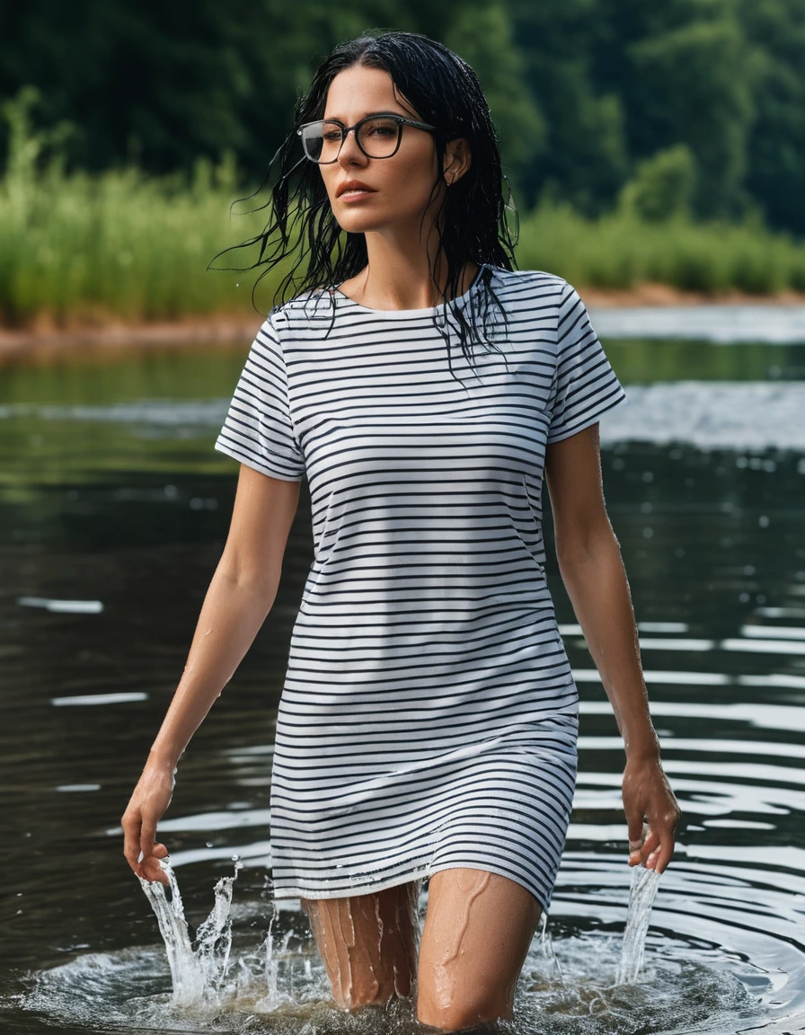 photo of young woman, in soaking wet, drenched clothes,
office shoes , white & black striped t-shirt dress with short sleeves, white & black striped t-shirt dress with short sleeves, walking in sunny deep lake, 
enjoying, wet clothes stuck to body,
detailed textures of the wet clothes, wet face, wet plastered hair,
wet, drenched, professional, high-quality details, full body view.
sharp focus, ultra-high pixel detail, realistic, high-quality, full colors, incredibly detailed, 4k, 8k, 16k, hyper-realistic, RAW photo, masterpiece, ultra-detailed, professionally color graded, professional photograph, woman 51 years old, long black hair, very big and thick lips, office glasses, complete body, open mouth, hands in the air, dry skin, dry clothes, dry fabric, dry skin, dry clothes, dry fabric