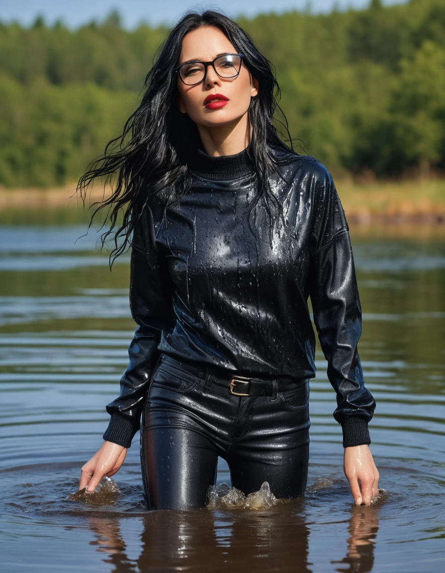 photo of young woman, in soaking wet, drenched clothes,
office shoes , long light black leather jeans, black leather sweater with long sleeves, walking submerged in sunny deep lake, 
enjoying, wet clothes stuck to body,
detailed textures of the wet clothes, wet face, wet plastered hair,
wet, drenched, professional, high-quality details, full body view.
sharp focus, ultra-high pixel detail, realistic, high-quality, full colors, incredibly detailed, 4k, 8k, 16k, hyper-realistic, RAW photo, masterpiece, ultra-detailed, professionally color graded, professional photograph, woman 51 years old, long black hair, very big and thick lips, office glasses, complete body, open mouth,, dry skin, dry clothes, dry fabric