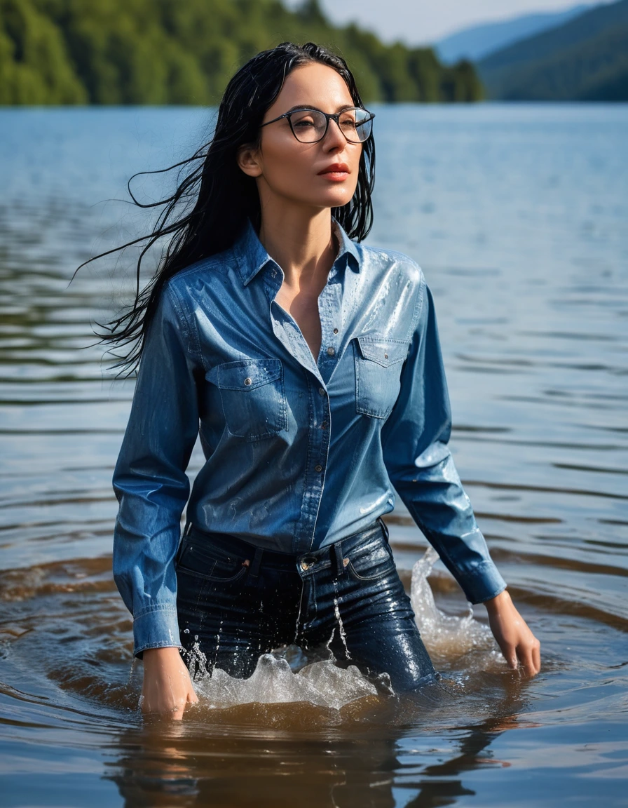 photo of young woman, in soaking wet, drenched clothes,
office shoes , wet long blue jeans shinning, wet blue jeans shirt with long sleeves shinning, walking submerged in sunny deep lake, 
enjoying, wet clothes stuck to body,
detailed textures of the wet clothes, wet face, wet plastered hair,
wet, drenched, professional, high-quality details, full body view.
sharp focus, ultra-high pixel detail, realistic, high-quality, full colors, incredibly detailed, 4k, 8k, 16k, hyper-realistic, RAW photo, masterpiece, ultra-detailed, professionally color graded, professional photograph, woman 51 years old, long black hair, very big and thick lips, office glasses, complete body, open mouth, dry skin, dry clothes, dry fabric