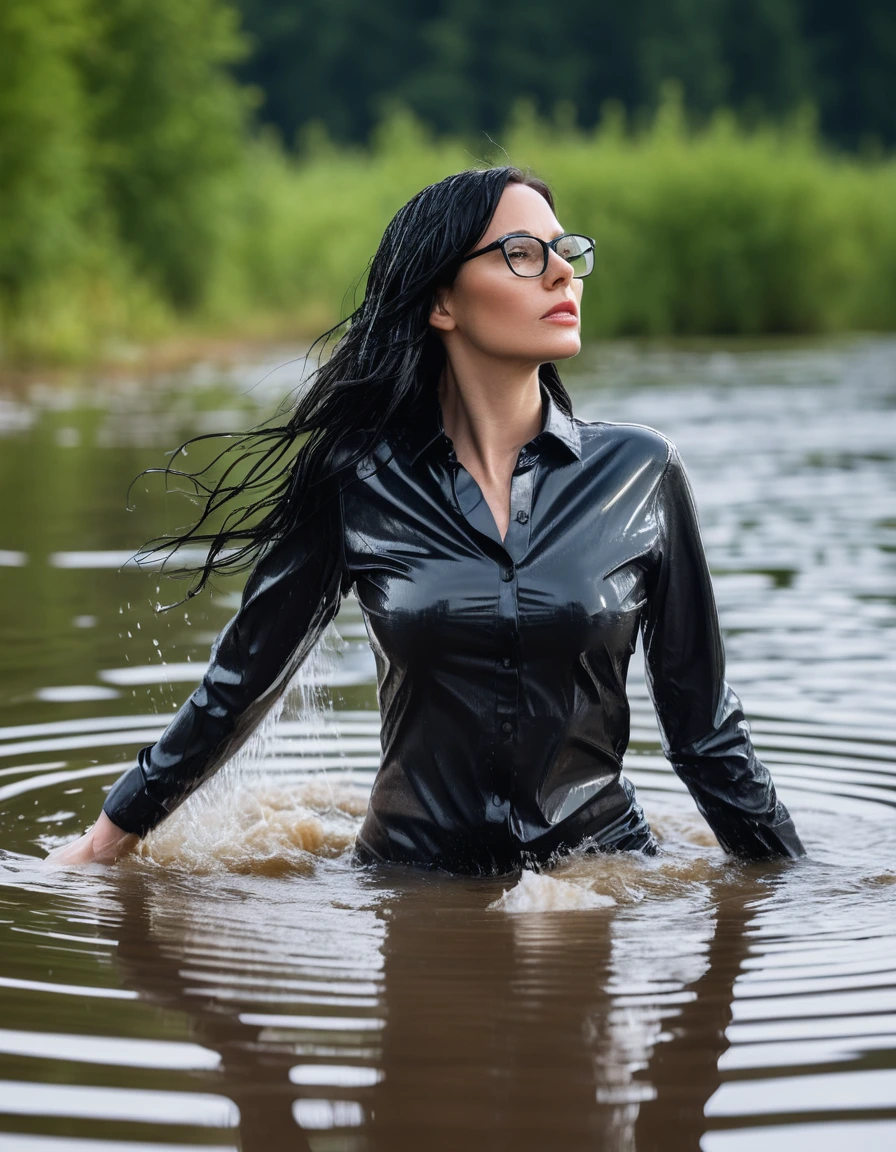 photo of young woman, in soaking wet, drenched clothes,
office shoes , long black latex jeans, black latex shirt with long sleeves, walking submerged in sunny deep lake, 
enjoying, wet clothes stuck to body,
detailed textures of the wet clothes, wet face, wet plastered hair,
wet, drenched, professional, high-quality details, full body view.
sharp focus, ultra-high pixel detail, realistic, high-quality, full colors, incredibly detailed, 4k, 8k, 16k, hyper-realistic, RAW photo, masterpiece, ultra-detailed, professionally color graded, professional photograph, woman 51 years old, long black hair, very big and thick lips, office glasses, complete body, open mouth, dry skin, dry clothes, dry fabric
