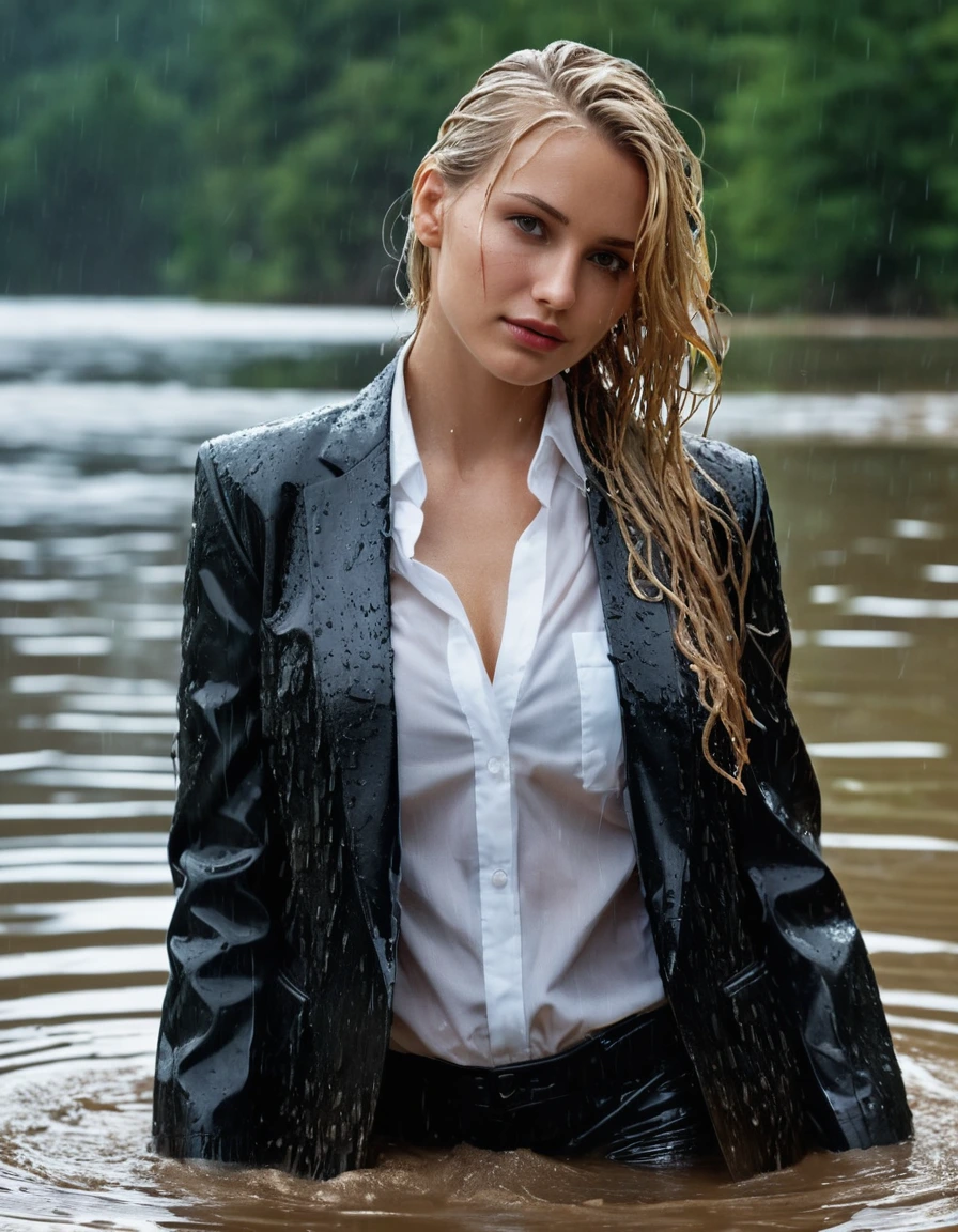 photo of young woman, in soaking wet, drenched clothes,
Black Long Business Trouser, Black Business Suit Jacket with white button down business shirt longsleeve, Clear Mountain lake with heavy rain, 
enjoying, wet clothes stuck to body,
detailed textures of the wet clothes, wet face, wet plastered hair,
wet, drenched, professional, high-quality details, full body view.
sharp focus, ultra-high pixel detail, realistic, high-quality, full colors, incredibly detailed, 4k, 8k, 16k, hyper-realistic, RAW photo, masterpiece, ultra-detailed, professionally color graded, professional photograph, young elegant beautiful white Blonde women, breast deep submerged, under a big rainshower, fully clothed, completely soaked, fully drenched, completely wet, wetlook, heavy rain, side parting, long hair, rain storm, looks confidently into camera, dry skin, dry clothes, dry fabric