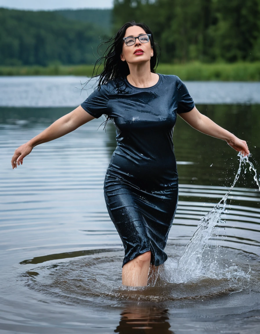 photo of young woman, in soaking wet, drenched clothes,
office shoes , long tight blue jeans, black t-shirt dress with short sleeves, walking submerged in sunny deep lake, 
enjoying, wet clothes stuck to body,
detailed textures of the wet clothes, wet face, wet plastered hair,
wet, drenched, professional, high-quality details, full body view.
sharp focus, ultra-high pixel detail, realistic, high-quality, full colors, incredibly detailed, 4k, 8k, 16k, hyper-realistic, RAW photo, masterpiece, ultra-detailed, professionally color graded, professional photograph, woman 51 years old, long black hair, very big and thick lips, office glasses, complete body, open mouth, hands in the air,, dry skin, dry clothes, dry fabric