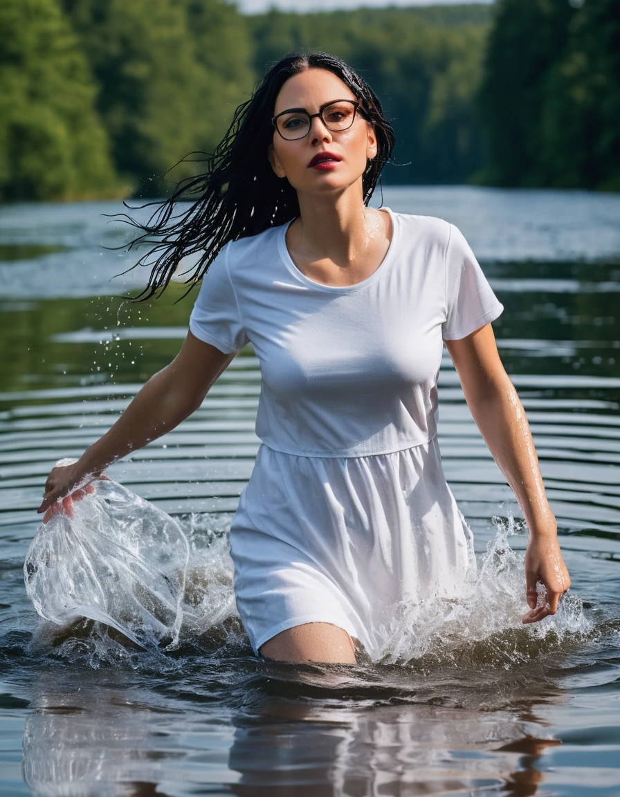 photo of young woman, in soaking wet, drenched clothes,
office shoes , long tight blue jeans, white t-shirt dress with short sleeves, walking submerged in sunny deep lake, 
enjoying, wet clothes stuck to body,
detailed textures of the wet clothes, wet face, wet plastered hair,
wet, drenched, professional, high-quality details, full body view.
sharp focus, ultra-high pixel detail, realistic, high-quality, full colors, incredibly detailed, 4k, 8k, 16k, hyper-realistic, RAW photo, masterpiece, ultra-detailed, professionally color graded, professional photograph, woman 51 years old, long black hair, very big and thick lips, office glasses, complete body, open mouth,, dry skin, dry clothes, dry fabric