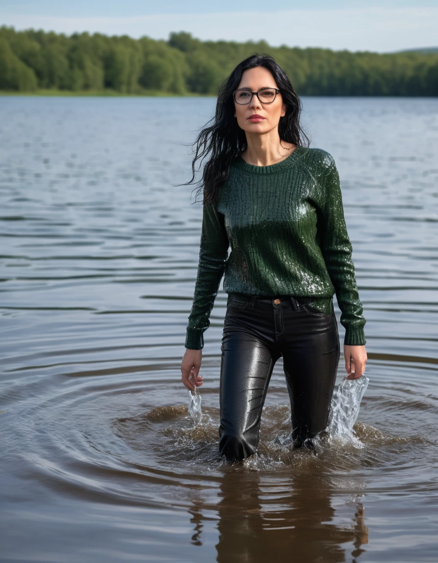 photo of young woman, in soaking wet, drenched clothes,
office shoes , long black leather jeans, dark green sweater with long sleeves, walking submerged in sunny deep lake, 
enjoying, wet clothes stuck to body,
detailed textures of the wet clothes, wet face, wet plastered hair,
wet, drenched, professional, high-quality details, full body view.
sharp focus, ultra-high pixel detail, realistic, high-quality, full colors, incredibly detailed, 4k, 8k, 16k, hyper-realistic, RAW photo, masterpiece, ultra-detailed, professionally color graded, professional photograph, woman 51 years old, long black hair, very big and thick lips, office glasses, complete body, open mouth,, dry skin, dry clothes, dry fabric