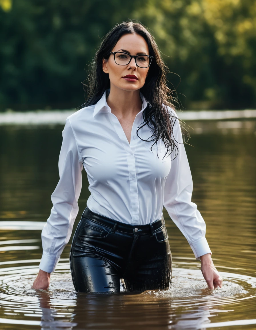 photo of young woman, in soaking wet, drenched clothes,
office shoes , long black latex jeans, white latex shirt with long sleeves, walking submerged in sunny deep lake, 
enjoying, wet clothes stuck to body,
detailed textures of the wet clothes, wet face, wet plastered hair,
wet, drenched, professional, high-quality details, full body view.
sharp focus, ultra-high pixel detail, realistic, high-quality, full colors, incredibly detailed, 4k, 8k, 16k, hyper-realistic, RAW photo, masterpiece, ultra-detailed, professionally color graded, professional photograph, woman 51 years old, long black hair, very big and thick lips, office glasses, complete body, open mouth, hands in the air, dry skin, dry clothes, dry fabric