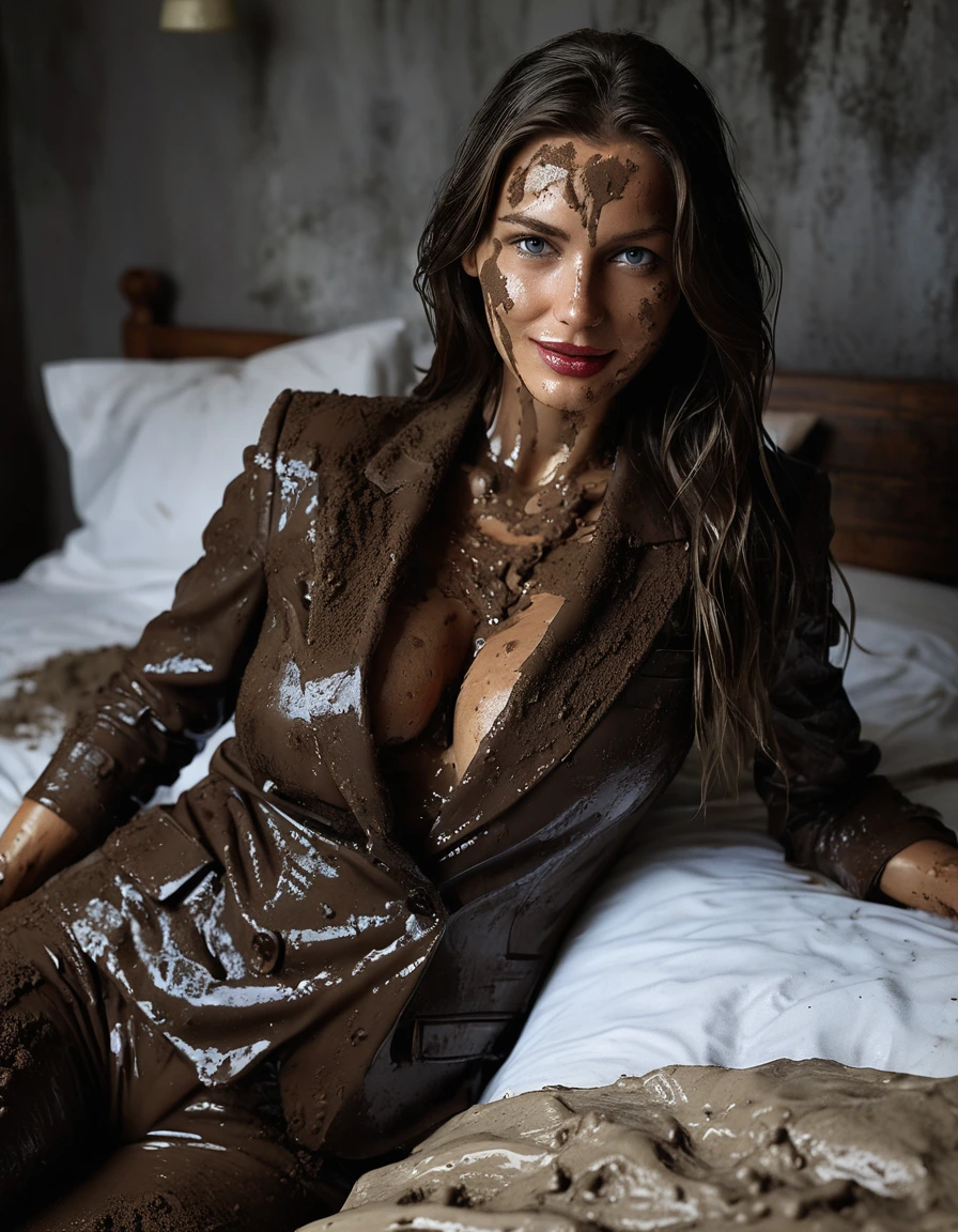 photo of young woman, in soaking wet, drenched clothes,
Muddy high heels, Long very muddy suit pants, Full muddy ruined fully-opened unbuttoned sexy blazer like a fancy uniform over topless with super sexy cleavage and exposed huge saggy boobs., Dark muddy indoor bedroom at night with a large luxury double bed. Deep mud on the floor, mud splashed walls, very dark warm mood lightings and candles., 
enjoying, wet clothes stuck to body,
detailed textures of the wet clothes, wet face, wet plastered hair,
wet, drenched, professional, high-quality details, full body view.
sharp focus, ultra-high pixel detail, realistic, high-quality, full colors, incredibly detailed, 4k, 8k, 16k, hyper-realistic, RAW photo, masterpiece, ultra-detailed, professionally color graded, professional photograph, Three stunning blonde 60 years old beautiful gleaming mature women are sleeping peacefully together on the luxury muddy bed after the crazy muddy indoor disco party at night on a professional photo. They are proudly wearing their fully and heavily mud-covered unbuttoned and opened sexy suits which fully exposing their large sexy and saggy muddy boobs. Focus on the large muddy cleavages of the blazers and on the bravely displayed large muddy heavy saggy boobs. Every small details of the clothes are muddy, muddy beautiful faces, muddy chests and boobs. Their blazer has the same colour as their muddy pants. The classy elegant bedroom is totally destroyed by mud, mud spots everywhere, mud flows down on the walls, mud on the furnitures. Straight muddy very long open wavy hairstyle, muddy hair, smiling and satisfied beautiful muddy faces, blue eyes, necklaces, earrings, lipstick. The women are enjoying to being total muddy in the muddy bed, being sexy, naughty while they are enjoying the muddy sleeping. Realistic muddy boobs and photorealistic detailed smiling facial expressions. Intimate close-up picture about the women. Close-up photo from above view, highly realistic representation, ultra sharp focus, highly photorealistic detailed textures, highly photorealistic detailed facial features and expressions, highly photorealistic hands, highly emotional reactions, highly best quality, highly sharp photorealistic image, highly photorealistic details, full UHD resolution, 32 K, very high level of detail and image sharpness, zoomed in, dry skin, dry clothes, dry fabric, dry skin, dry clothes, dry fabric, dry skin, dry clothes, dry fabric, dry skin, dry clothes, dry fabric, dry skin, dry clothes, dry fabric, dry skin, dry clothes, dry fabric