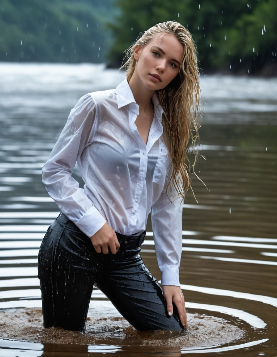 photo of young woman, in soaking wet, drenched clothes,
Black Long Business Trouser, Black Business Suit Jacket with white button down business shirt longsleeve, Clear Mountain lake with heavy rain, 
enjoying, wet clothes stuck to body,
detailed textures of the wet clothes, wet face, wet plastered hair,
wet, drenched, professional, high-quality details, full body view.
sharp focus, ultra-high pixel detail, realistic, high-quality, full colors, incredibly detailed, 4k, 8k, 16k, hyper-realistic, RAW photo, masterpiece, ultra-detailed, professionally color graded, professional photograph, young elegant beautiful white Blonde women, breast deep submerged, under a big rainshower, fully clothed, completely soaked, fully drenched, completely wet, wetlook, heavy rain, side parting, long hair, rain storm, looks confidently into camera, dry skin, dry clothes, dry fabric