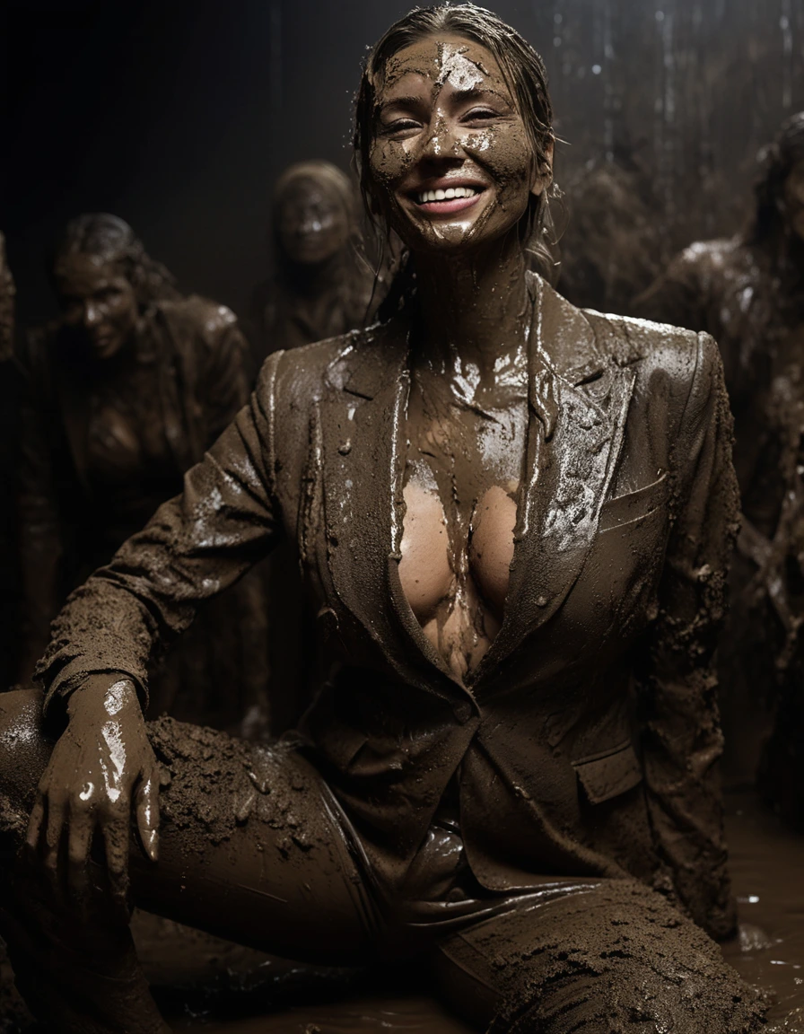 photo of young woman, in soaking wet, drenched clothes,
Muddy high heels, Long very muddy suit pants, Full muddy ruined fully-opened unbuttoned sexy blazer like a fancy uniform over topless with super sexy cleavage and exposed huge saggy boobs., Dark muddy indoor disco club at night. Deep mud on the floor, mud splashed walls, dripping mud from above, very dark mood lighting with pink and blue neon lights from above. Muddy chairs and sofas in the background. , 
enjoying, wet clothes stuck to body,
detailed textures of the wet clothes, wet face, wet plastered hair,
wet, drenched, professional, high-quality details, full body view.
sharp focus, ultra-high pixel detail, realistic, high-quality, full colors, incredibly detailed, 4k, 8k, 16k, hyper-realistic, RAW photo, masterpiece, ultra-detailed, professionally color graded, professional photograph, Three stunning blonde 60 years old beautiful gleaming mature women are wallowing together in the deep muddy pool after a full dip in it and holding a glass of champagne in their hands during the crazy muddy indoor disco party at night and posing for a professional photo. They are proudly wearing their fully and heavily mud-covered unbuttoned and opened sexy suits which fully exposing their large sexy and saggy muddy boobs. Focus on the large muddy cleavages of the blazers and on the bravely displayed large muddy heavy saggy boobs. Every small details of the clothes are muddy, muddy beautiful faces, muddy chests and boobs. Their blazer has the same colour as their muddy pants. The classy elegant disco club is totally destroyed by mud, mud spots everywhere, mud flows down on the walls, mud on the furnitures in the background. Straight muddy very long open wavy hairstyle, muddy hair, smiling and satisfied beautiful muddy faces, blue eyes, necklaces, earrings, lipstick. The women are enjoying to being total muddy in the muddy pool, being sexy, naughty while they are enjoying the muddy fetish party. Realistic muddy boobs and photorealistic detailed smiling facial expressions. Intimate close-up picture about the women. Close-up photo from front view, highly realistic representation, ultra sharp focus, highly photorealistic detailed textures, highly photorealistic detailed facial features and expressions, highly photorealistic hands, highly emotional reactions, highly best quality, highly sharp photorealistic image, highly photorealistic details, full UHD resolution, 32 K, very high level of detail and image sharpness, zoomed in, dry skin, dry clothes, dry fabric, dry skin, dry clothes, dry fabric, dry skin, dry clothes, dry fabric, dry skin, dry clothes, dry fabric, dry skin, dry clothes, dry fabric