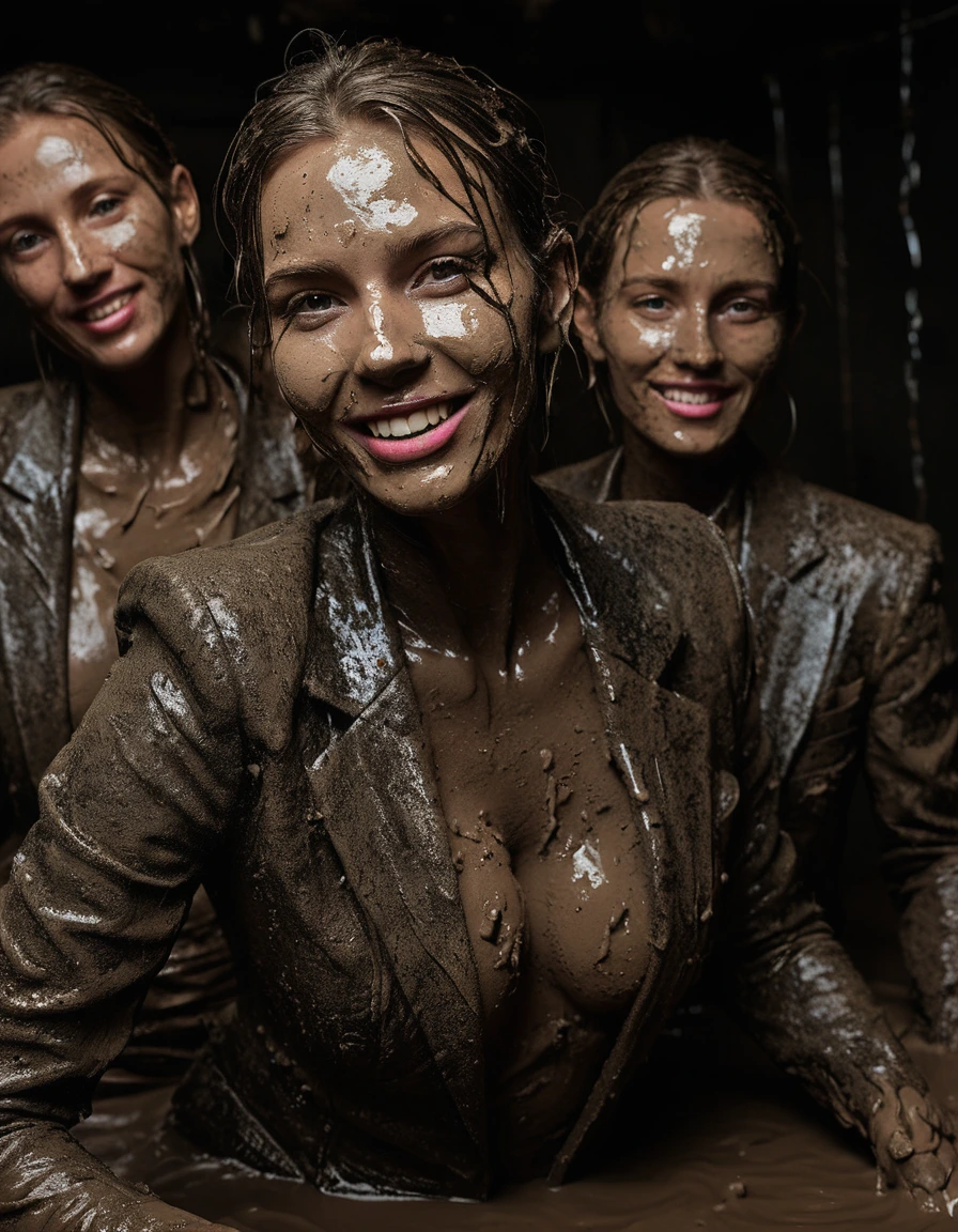 photo of young woman, in soaking wet, drenched clothes,
Muddy high heels, Long very muddy suit pants, Full muddy ruined fully-opened unbuttoned sexy blazer like a fancy uniform over topless with super sexy cleavage and exposed huge saggy boobs., Dark muddy indoor disco club at night. Deep mud on the floor, mud splashed walls, dripping mud from above, very dark mood lighting with pink and blue neon lights from above. Muddy chairs and sofas in the background. , 
enjoying, wet clothes stuck to body,
detailed textures of the wet clothes, wet face, wet plastered hair,
wet, drenched, professional, high-quality details, full body view.
sharp focus, ultra-high pixel detail, realistic, high-quality, full colors, incredibly detailed, 4k, 8k, 16k, hyper-realistic, RAW photo, masterpiece, ultra-detailed, professionally color graded, professional photograph, Three stunning blonde 60 years old beautiful gleaming mature women are wallowing together in the deep muddy pool after a full dip in it and holding a glass of champagne in their hands during the crazy muddy indoor disco party at night and posing for a professional photo. They are proudly wearing their fully and heavily mud-covered unbuttoned and opened sexy suits which fully exposing their large sexy and saggy muddy boobs. Focus on the large muddy cleavages of the blazers and on the bravely displayed large muddy heavy saggy boobs. Every small details of the clothes are muddy, muddy beautiful faces, muddy chests and boobs. Their blazer has the same colour as their muddy pants. The classy elegant disco club is totally destroyed by mud, mud spots everywhere, mud flows down on the walls, mud on the furnitures in the background. Straight muddy very long open wavy hairstyle, muddy hair, smiling and satisfied beautiful muddy faces, blue eyes, necklaces, earrings, lipstick. The women are enjoying to being total muddy in the muddy pool, being sexy, naughty while they are enjoying the muddy fetish party. Realistic muddy boobs and photorealistic detailed smiling facial expressions. Intimate close-up picture about the women. Close-up photo from front view, highly realistic representation, ultra sharp focus, highly photorealistic detailed textures, highly photorealistic detailed facial features and expressions, highly photorealistic hands, highly emotional reactions, highly best quality, highly sharp photorealistic image, highly photorealistic details, full UHD resolution, 32 K, very high level of detail and image sharpness, zoomed in, dry skin, dry clothes, dry fabric, dry skin, dry clothes, dry fabric, dry skin, dry clothes, dry fabric, dry skin, dry clothes, dry fabric, dry skin, dry clothes, dry fabric