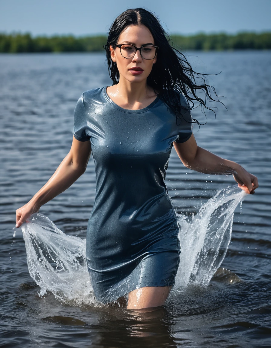 photo of young woman, in soaking wet, drenched clothes,
office shoes , long tight blue jeans, gray t-shirt dress with short sleeves, walking submerged in sunny deep lake, 
enjoying, wet clothes stuck to body,
detailed textures of the wet clothes, wet face, wet plastered hair,
wet, drenched, professional, high-quality details, full body view.
sharp focus, ultra-high pixel detail, realistic, high-quality, full colors, incredibly detailed, 4k, 8k, 16k, hyper-realistic, RAW photo, masterpiece, ultra-detailed, professionally color graded, professional photograph, woman 51 years old, long black hair, very big and thick lips, office glasses, complete body, open mouth,, dry skin, dry clothes, dry fabric