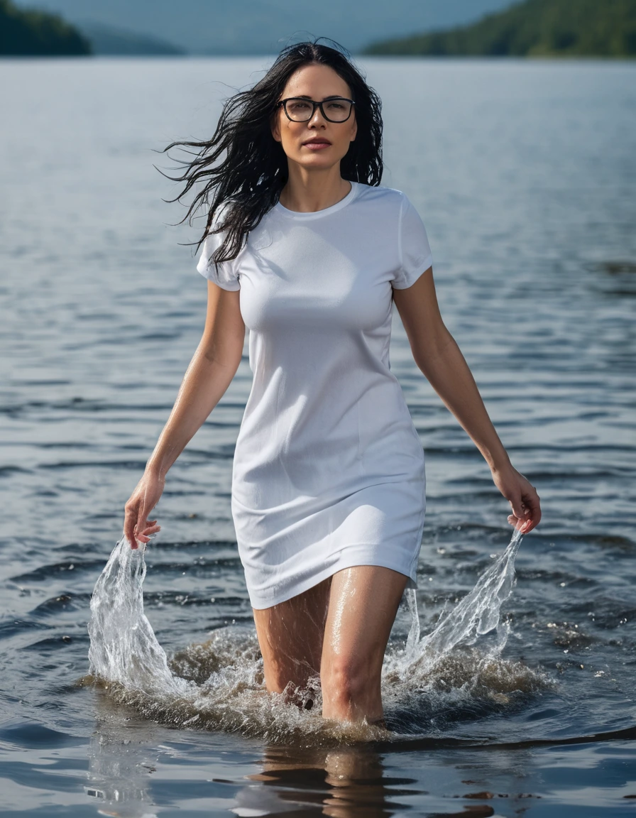 photo of young woman, in soaking wet, drenched clothes,
office shoes , long tight blue jeans, white t-shirt dress with short sleeves, walking in sunny deep lake, 
enjoying, wet clothes stuck to body,
detailed textures of the wet clothes, wet face, wet plastered hair,
wet, drenched, professional, high-quality details, full body view.
sharp focus, ultra-high pixel detail, realistic, high-quality, full colors, incredibly detailed, 4k, 8k, 16k, hyper-realistic, RAW photo, masterpiece, ultra-detailed, professionally color graded, professional photograph, woman 51 years old, long black hair, very big and thick lips, office glasses, complete body, open mouth, hands in the air, dry skin, dry clothes, dry fabric