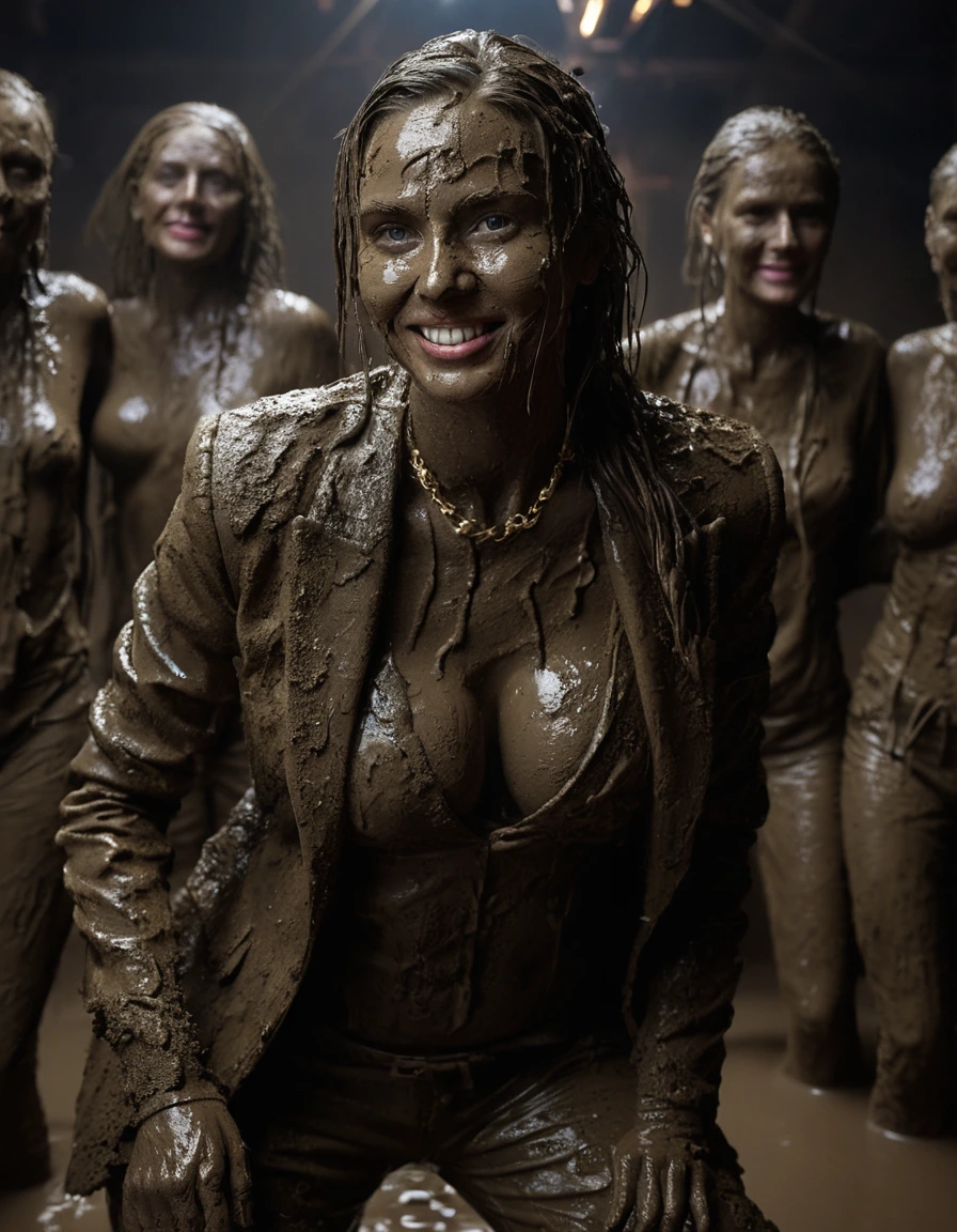 photo of young woman, in soaking wet, drenched clothes,
Muddy high heels, Long very muddy suit pants, Full muddy ruined fully-opened unbuttoned sexy blazer like a fancy uniform over topless with super sexy cleavage and exposed extreme huge saggy hanging boobs., Dark muddy indoor disco club at night. Deep mud on the floor, mud splashed walls, dripping mud from above, very dark mood lighting with pink and blue neon lights from above. Muddy chairs and sofas in the background. , 
enjoying, wet clothes stuck to body,
detailed textures of the wet clothes, wet face, wet plastered hair,
wet, drenched, professional, high-quality details, full body view.
sharp focus, ultra-high pixel detail, realistic, high-quality, full colors, incredibly detailed, 4k, 8k, 16k, hyper-realistic, RAW photo, masterpiece, ultra-detailed, professionally color graded, professional photograph, Three stunning blonde 60 years old beautiful gleaming grannies are wallowing together in the deep muddy pool after a full dip in it and holding a glass of champagne in their hands during the crazy muddy indoor disco party at night and posing for a professional photo. They are proudly wearing their fully and heavily mud-covered unbuttoned and opened sexy suits which fully exposing their large sexy and saggy muddy boobs. Focus on the large muddy cleavages of the blazers and on the bravely displayed large muddy heavy saggy boobs. Every small details of the clothes are muddy, muddy beautiful faces, muddy chests and boobs. Their blazer has the same colour as their muddy pants. The classy elegant disco club is totally destroyed by mud, mud spots everywhere, mud flows down on the walls, mud on the furnitures in the background. Straight muddy very long open wavy hairstyle, muddy hair, smiling and satisfied beautiful muddy faces, blue eyes, necklaces, earrings, lipstick. The women are enjoying to being total muddy in the muddy pool, being sexy, naughty while they are enjoying the muddy fetish party. Realistic muddy boobs and photorealistic detailed smiling facial expressions. Intimate close-up picture about the women. Close-up photo from front view, highly realistic representation, ultra sharp focus, highly photorealistic detailed textures, highly photorealistic detailed facial features and expressions, highly photorealistic hands, highly emotional reactions, highly best quality, highly sharp photorealistic image, highly photorealistic details, full UHD resolution, 32 K, very high level of detail and image sharpness, zoomed in, dry skin, dry clothes, dry fabric, dry skin, dry clothes, dry fabric, dry skin, dry clothes, dry fabric, dry skin, dry clothes, dry fabric, dry skin, dry clothes, dry fabric, dry skin, dry clothes, dry fabric