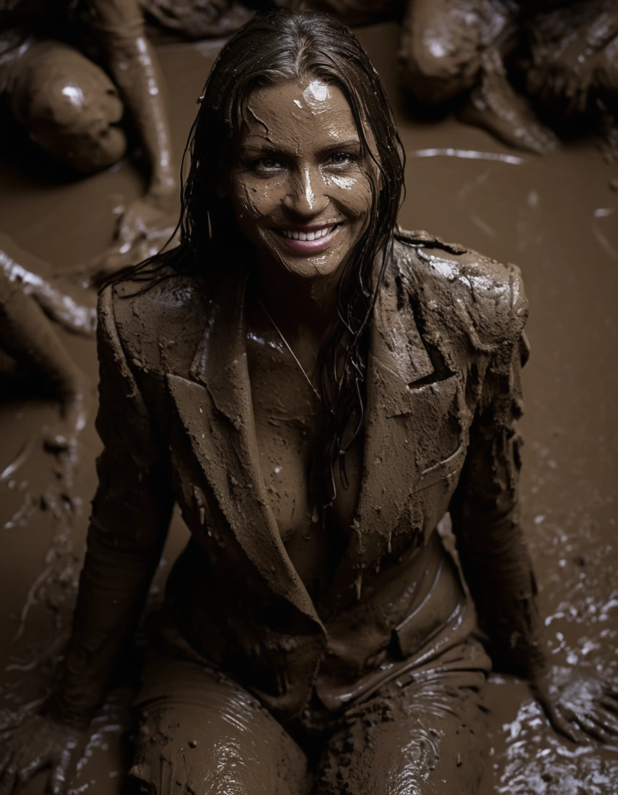 photo of young woman, in soaking wet, drenched clothes,
Muddy high heels, Long very muddy suit pants, Full muddy ruined fully-opened unbuttoned sexy blazer like a fancy uniform over topless with super sexy cleavage and exposed huge saggy boobs., Dark muddy indoor disco club at night. Deep mud on the floor, mud splashed walls, dripping mud from above, very dark mood lighting with pink and blue neon lights from above. Muddy chairs and sofas in the background. , 
enjoying, wet clothes stuck to body,
detailed textures of the wet clothes, wet face, wet plastered hair,
wet, drenched, professional, high-quality details, full body view.
sharp focus, ultra-high pixel detail, realistic, high-quality, full colors, incredibly detailed, 4k, 8k, 16k, hyper-realistic, RAW photo, masterpiece, ultra-detailed, professionally color graded, professional photograph, Three stunning blonde 60 years old beautiful gleaming mature women are wallowing together in the deep muddy pool after a full dip in it and holding a glass of champagne in their hands during the crazy muddy indoor disco party at night and posing for a professional photo. They are proudly wearing their fully and heavily mud-covered unbuttoned and opened sexy suits which fully exposing their large sexy and saggy muddy boobs. Focus on the large muddy cleavages of the blazers and on the bravely displayed large muddy heavy saggy boobs. Every small details of the clothes are muddy, muddy beautiful faces, muddy chests and boobs. Their blazer has the same colour as their muddy pants. The classy elegant disco club is totally destroyed by mud, mud spots everywhere, mud flows down on the walls, mud on the furnitures in the background. Straight muddy very long open wavy hairstyle, muddy hair, smiling and satisfied beautiful muddy faces, blue eyes, necklaces, earrings, lipstick. The women are enjoying to being total muddy in the muddy pool, being sexy, naughty while they are enjoying the muddy fetish party. Realistic muddy boobs and photorealistic detailed smiling facial expressions. Intimate close-up picture about the women. Close-up photo from front view, highly realistic representation, ultra sharp focus, highly photorealistic detailed textures, highly photorealistic detailed facial features and expressions, highly photorealistic hands, highly emotional reactions, highly best quality, highly sharp photorealistic image, highly photorealistic details, full UHD resolution, 32 K, very high level of detail and image sharpness, zoomed in, dry skin, dry clothes, dry fabric, dry skin, dry clothes, dry fabric, dry skin, dry clothes, dry fabric, dry skin, dry clothes, dry fabric, dry skin, dry clothes, dry fabric, dry skin, dry clothes, dry fabric