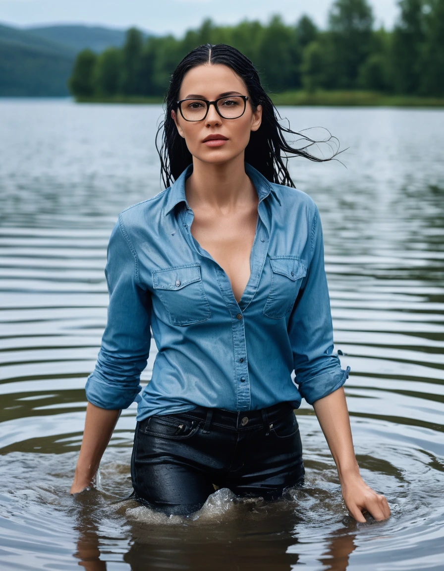 photo of young woman, in soaking wet, drenched clothes,
office shoes , long blue leather jeans, black tank top, light blue denim shirt unbuttoned, walking submerged in sunny deep lake, 
enjoying, wet clothes stuck to body,
detailed textures of the wet clothes, wet face, wet plastered hair,
wet, drenched, professional, high-quality details, full body view.
sharp focus, ultra-high pixel detail, realistic, high-quality, full colors, incredibly detailed, 4k, 8k, 16k, hyper-realistic, RAW photo, masterpiece, ultra-detailed, professionally color graded, professional photograph, woman 51 years old, long black hair, very big and thick lips, office glasses, complete body, dry skin, dry clothes, dry fabric