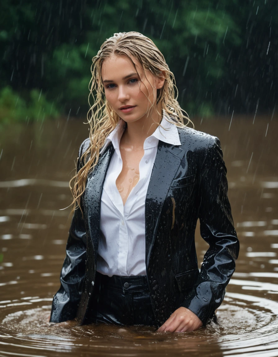 photo of young woman, in soaking wet, drenched clothes,
Black Long Business Trouser, Black Business Suit Jacket with white button down business shirt longsleeve, Clear Mountain lake with heavy rain, 
enjoying, wet clothes stuck to body,
detailed textures of the wet clothes, wet face, wet plastered hair,
wet, drenched, professional, high-quality details, full body view.
sharp focus, ultra-high pixel detail, realistic, high-quality, full colors, incredibly detailed, 4k, 8k, 16k, hyper-realistic, RAW photo, masterpiece, ultra-detailed, professionally color graded, professional photograph, young elegant beautiful white Blonde women, breast deep submerged, under a big rainshower, fully clothed, completely soaked, fully drenched, completely wet, wetlook, heavy rain, side parting, long hair, rain storm, looks confidently into camera, dry skin, dry clothes, dry fabric