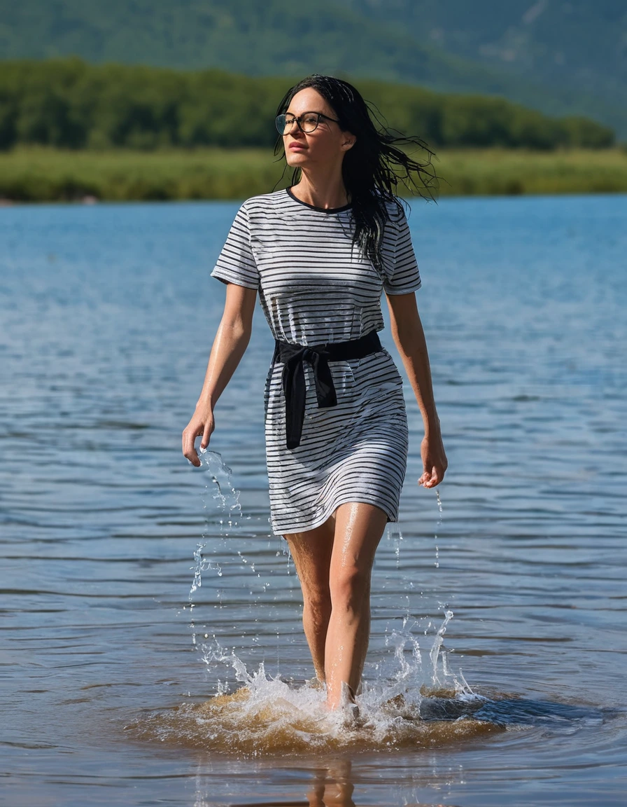 photo of young woman, in soaking wet, drenched clothes,
office shoes , white & black striped t-shirt dress with short sleeves, white & black striped t-shirt dress with short sleeves, walking in sunny deep lake, 
enjoying, wet clothes stuck to body,
detailed textures of the wet clothes, wet face, wet plastered hair,
wet, drenched, professional, high-quality details, full body view.
sharp focus, ultra-high pixel detail, realistic, high-quality, full colors, incredibly detailed, 4k, 8k, 16k, hyper-realistic, RAW photo, masterpiece, ultra-detailed, professionally color graded, professional photograph, woman 51 years old, long black hair, very big and thick lips, office glasses, complete body, open mouth, hands in the air, dry skin, dry clothes, dry fabric, dry skin, dry clothes, dry fabric, dry skin, dry clothes, dry fabric