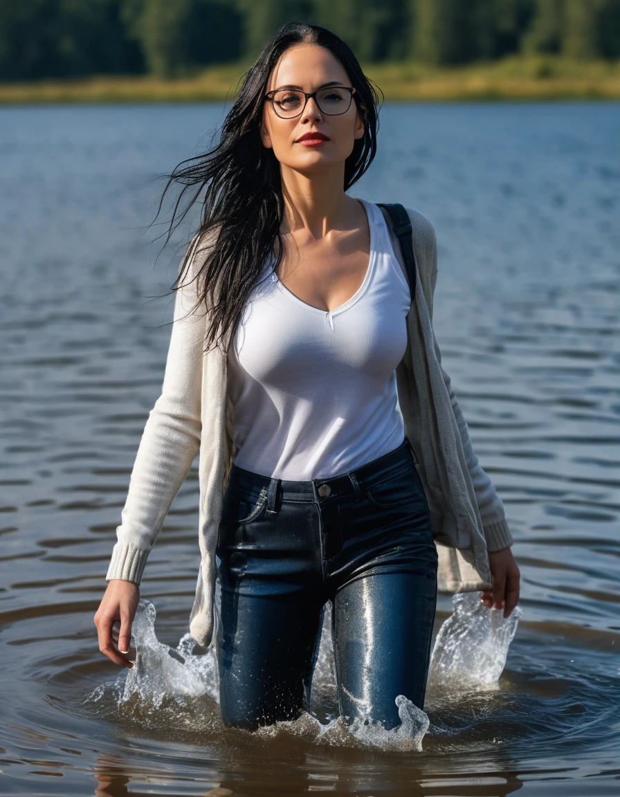 photo of young woman, in soaking wet, drenched clothes,
office shoes , long blue leather jeans, black tank top, white sweater, walking submerged in sunny deep lake, 
enjoying, wet clothes stuck to body,
detailed textures of the wet clothes, wet face, wet plastered hair,
wet, drenched, professional, high-quality details, full body view.
sharp focus, ultra-high pixel detail, realistic, high-quality, full colors, incredibly detailed, 4k, 8k, 16k, hyper-realistic, RAW photo, masterpiece, ultra-detailed, professionally color graded, professional photograph, woman 51 years old, long black hair, very big and thick lips, office glasses, complete body, dry skin, dry clothes, dry fabric